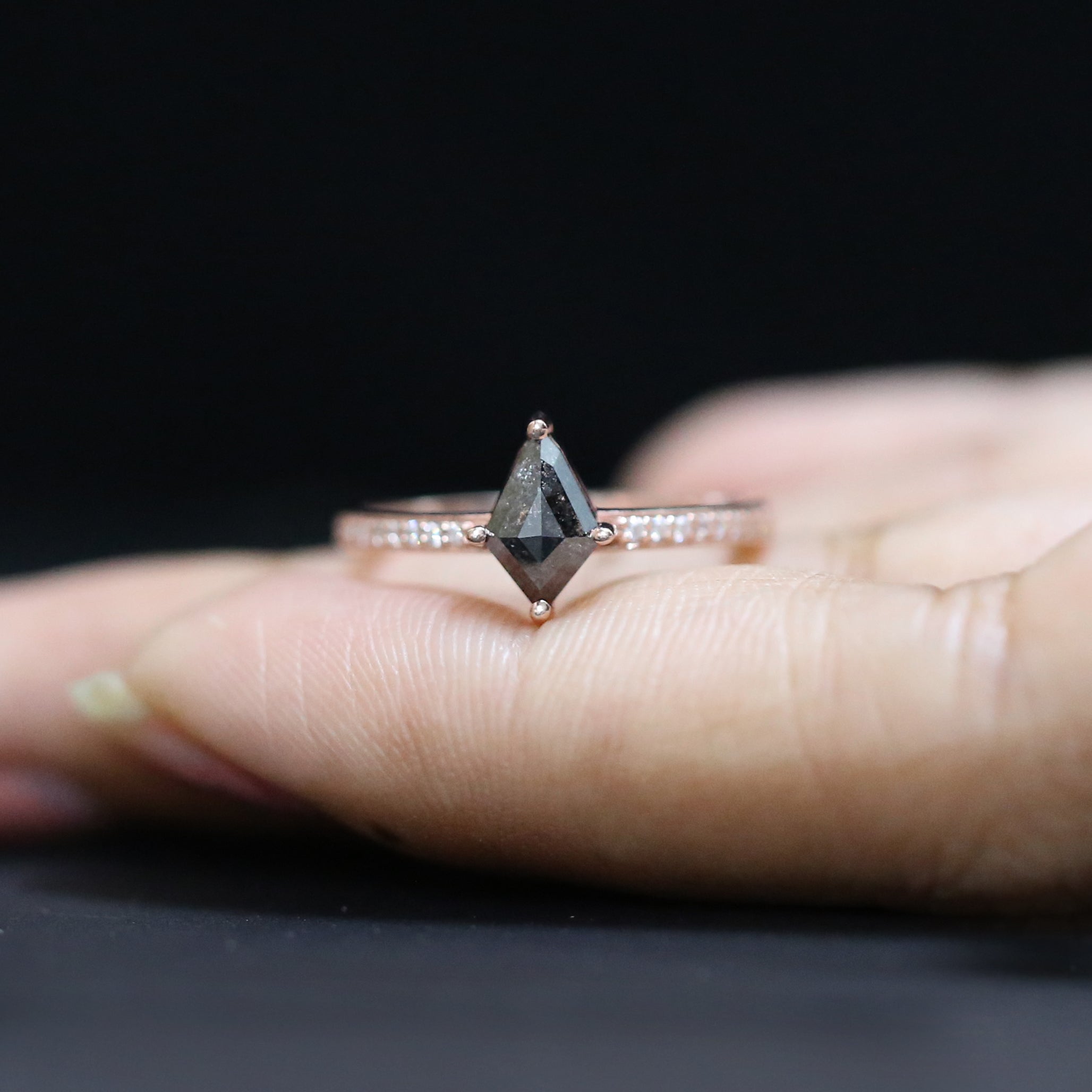 Kite Cut Salt And Pepper Diamond Ring 0.77 Ct 8.15 MM Kite Diamond Ring 14K Solid Rose Gold Silver Kite Engagement Ring Gift For Her QN2521