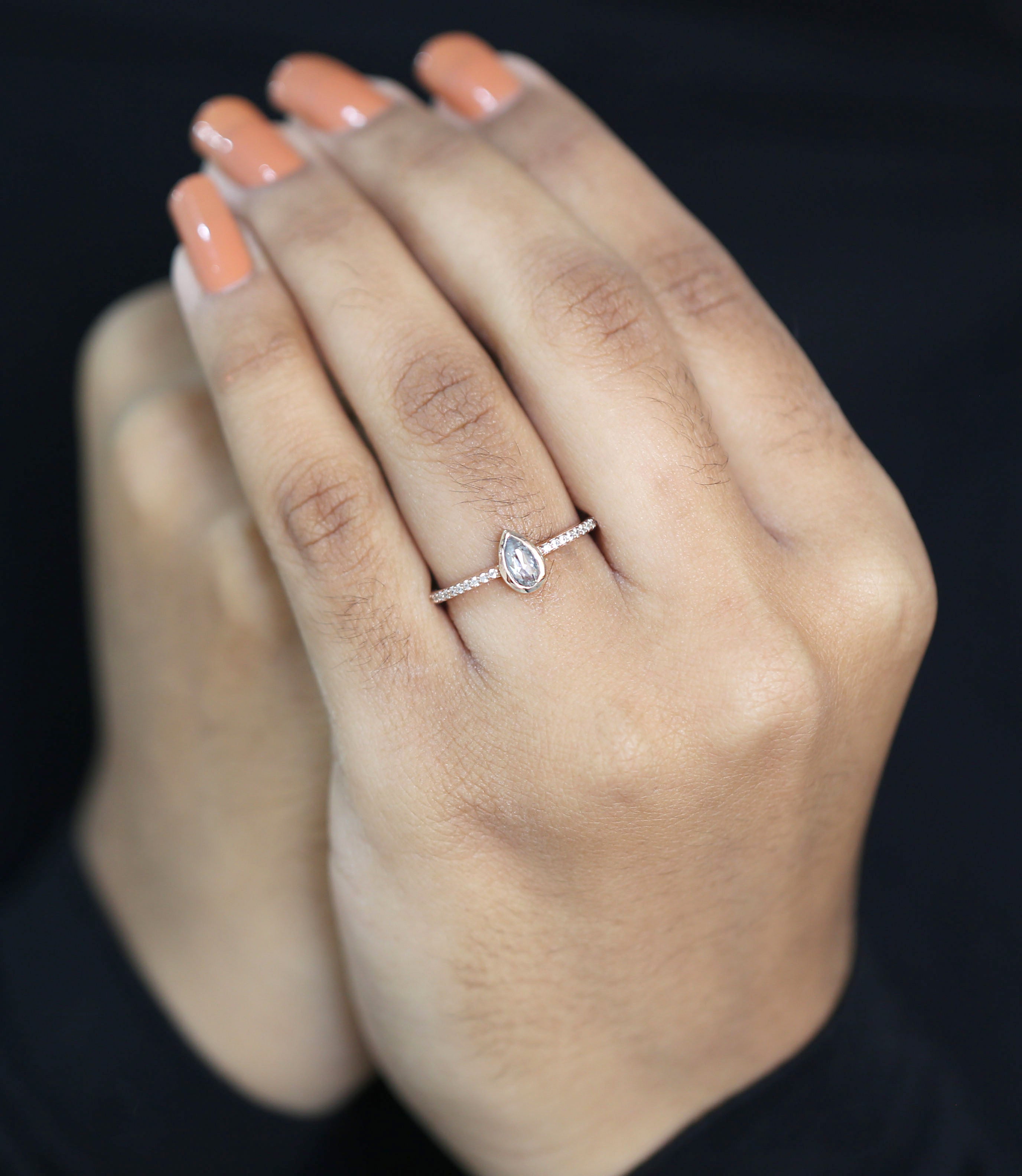 Pear Cut Salt And Pepper Diamond Ring 0.23 Ct 6.20 MM Pear Diamond Ring 14K Solid Rose Gold Silver Pear Engagement Ring Gift For Her QN2530