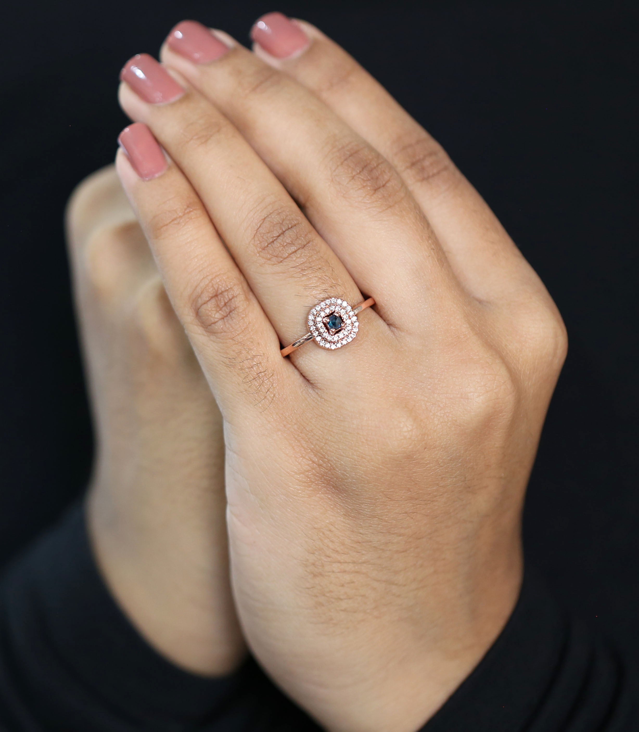 Cushion Shape Blue Color Diamond Ring 0.11 Ct 2.80 MM Cushion Diamond Ring 14K Solid Rose Gold Silver Engagement Ring Gift For Her QN2534