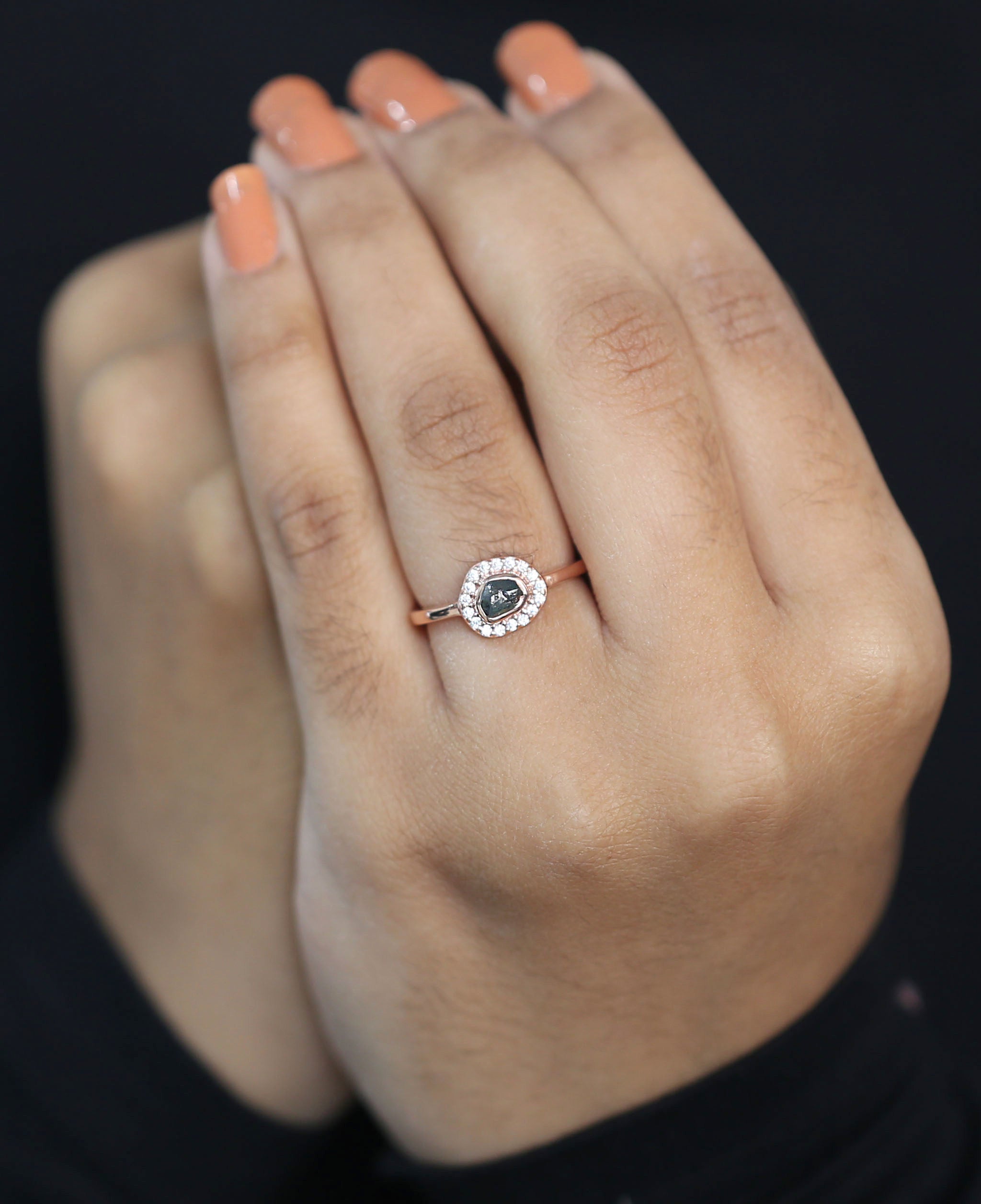 Rough Blue Color Diamond Ring 0.81 Ct 5.11 MM Crystal Rough Diamond Ring 14K Solid Rose Gold Silver Engagement Ring Gift For Her QK2519