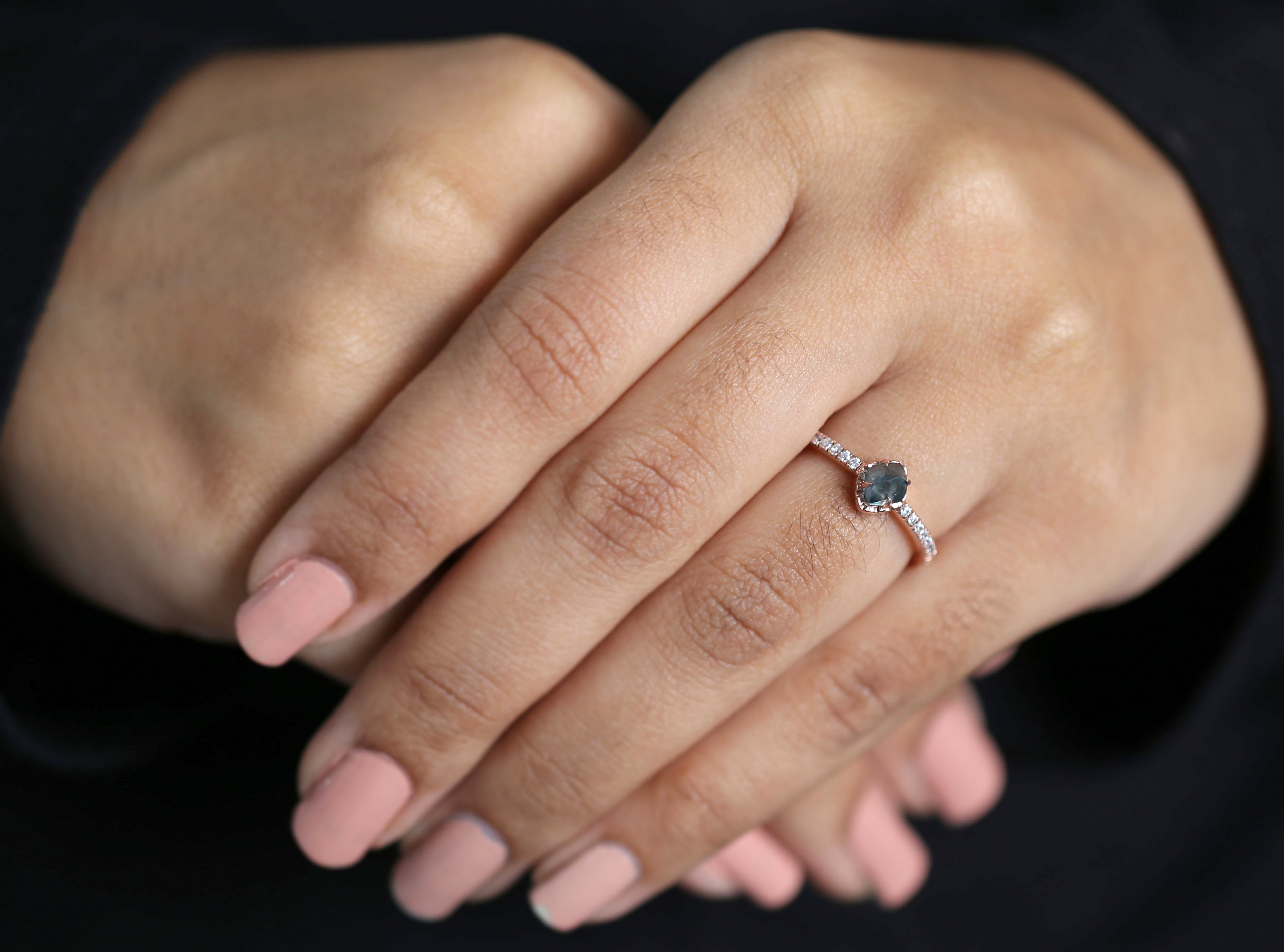 Rough Blue Color Diamond Ring 0.79 Ct 5.43 MM Crystal Rough Diamond Ring 14K Solid Rose Gold Silver Engagement Ring Gift For Her QL2225