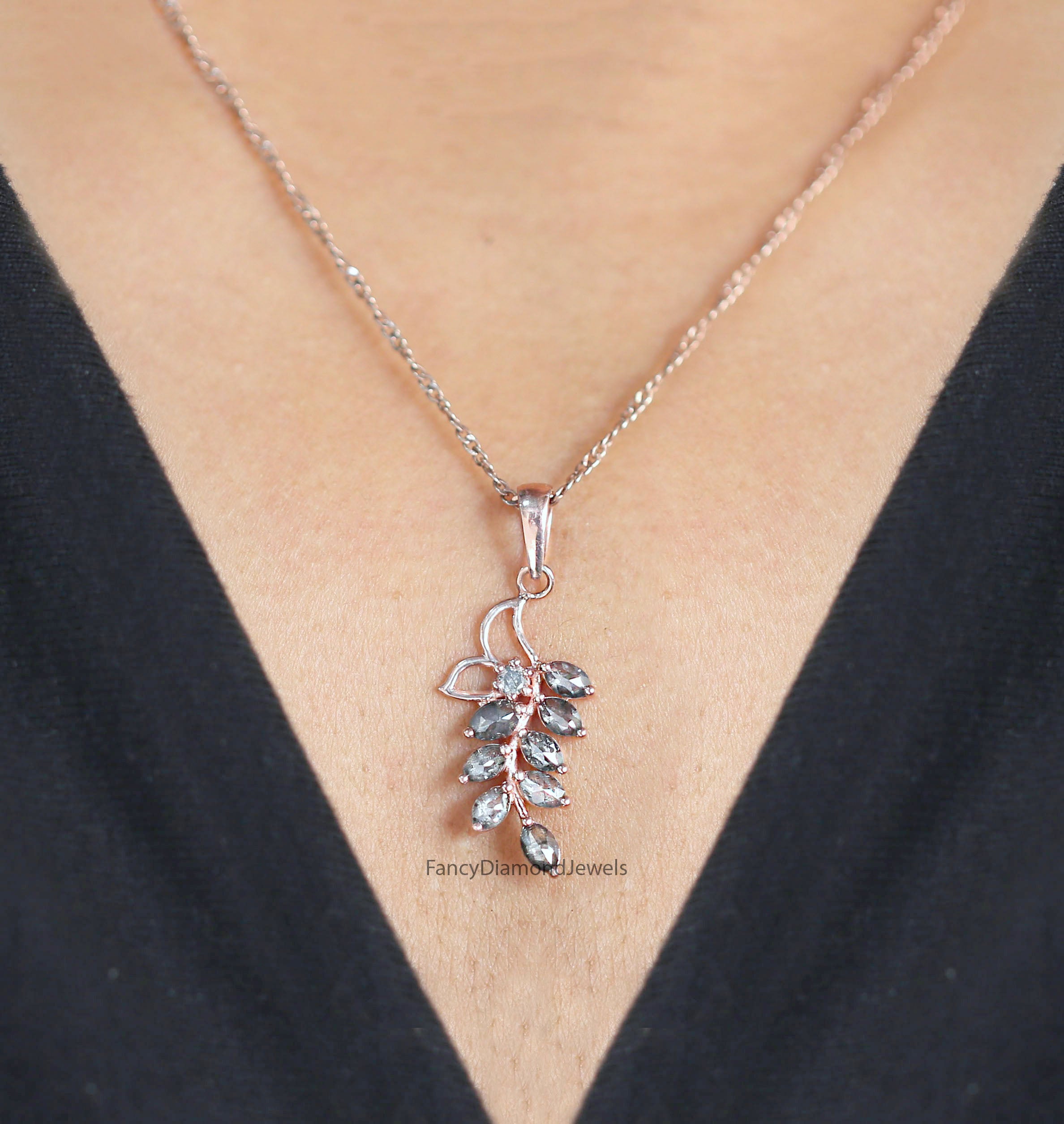 Marquise Cut Salt And Pepper Diamond Pendant 1.12 Ct 4.76 MM Marquise Diamond Pendant 14K Solid Rose Gold Silver Engagement Pendant QL2666