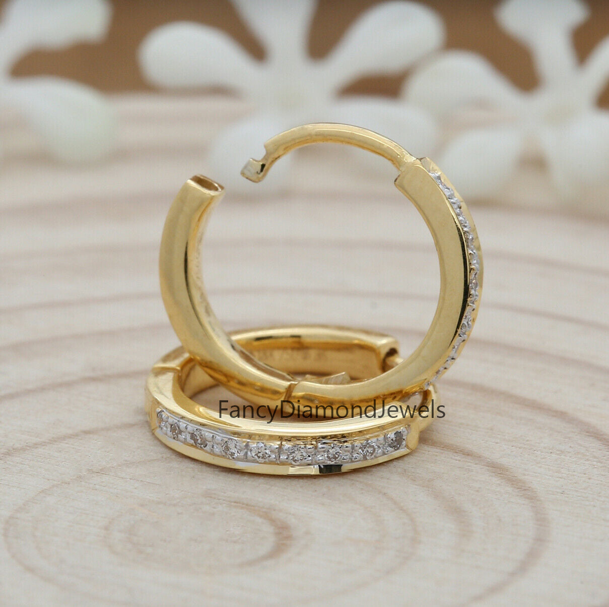 Natural White Round Diamond Earring 14K Yellow Gold Hoop Earring Valentine Gift KD900