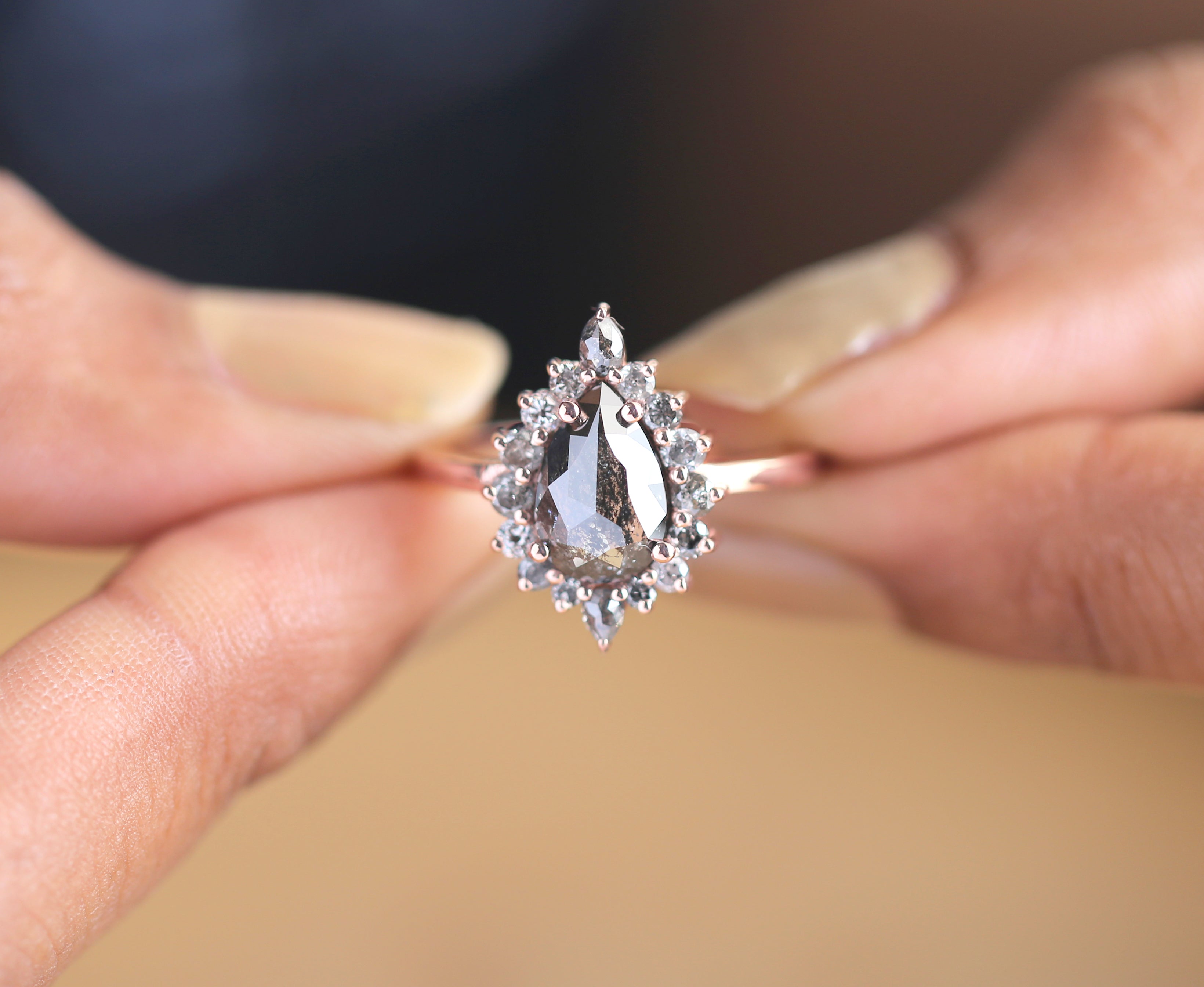 1.69 CT Salt And Pepper Ring, Pear Diamond Ring, Engagement Ring, 14K Rose Gold Ring, Rose Cut Ring, Wedding Ring, Gift For Her KDL691