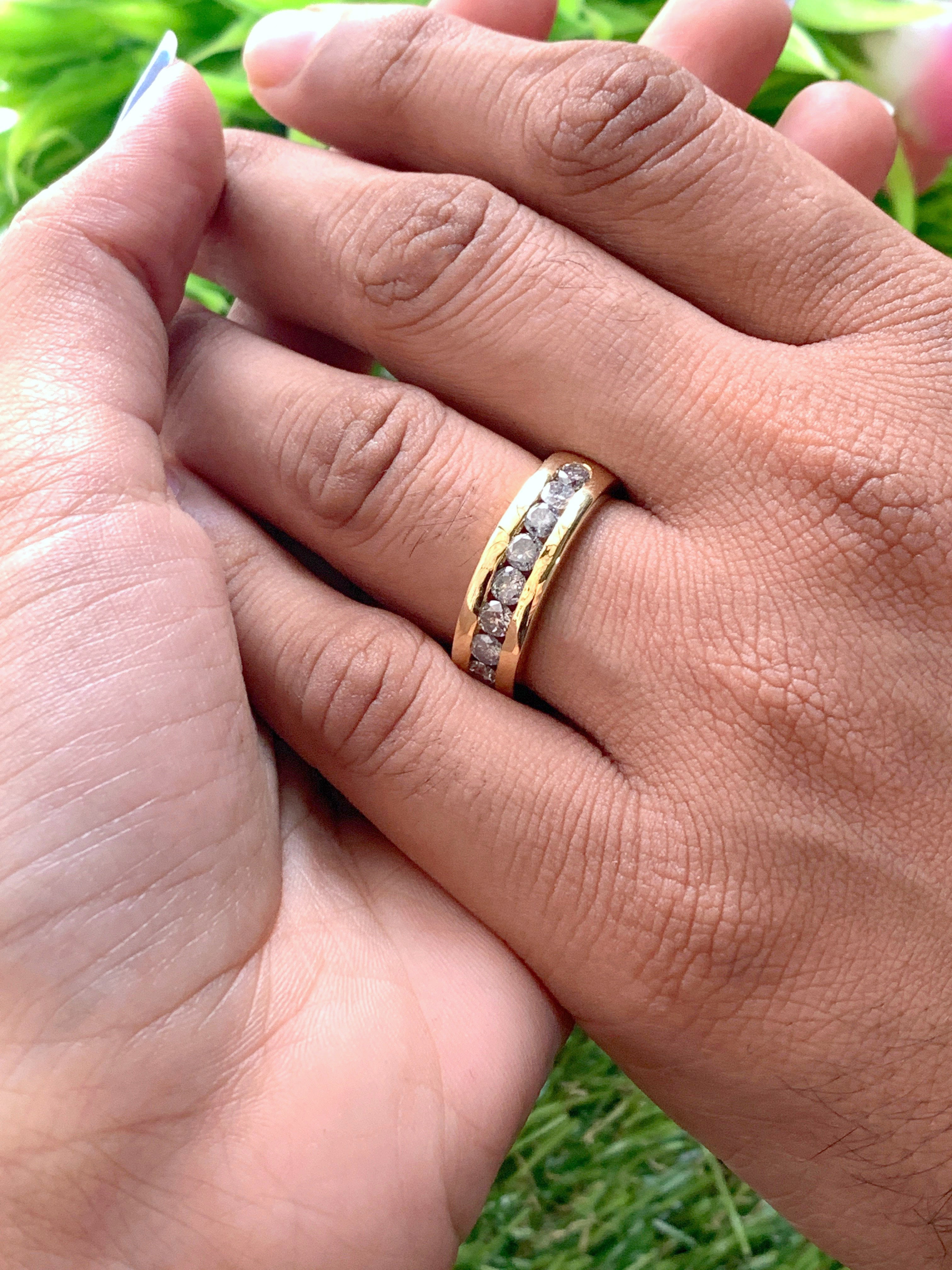 1.29 CT Salt And Pepper Band, Round Brilliant Cut Diamond Band, Engagement Band, 14K Yellow Gold Band, Wedding Band, KD924