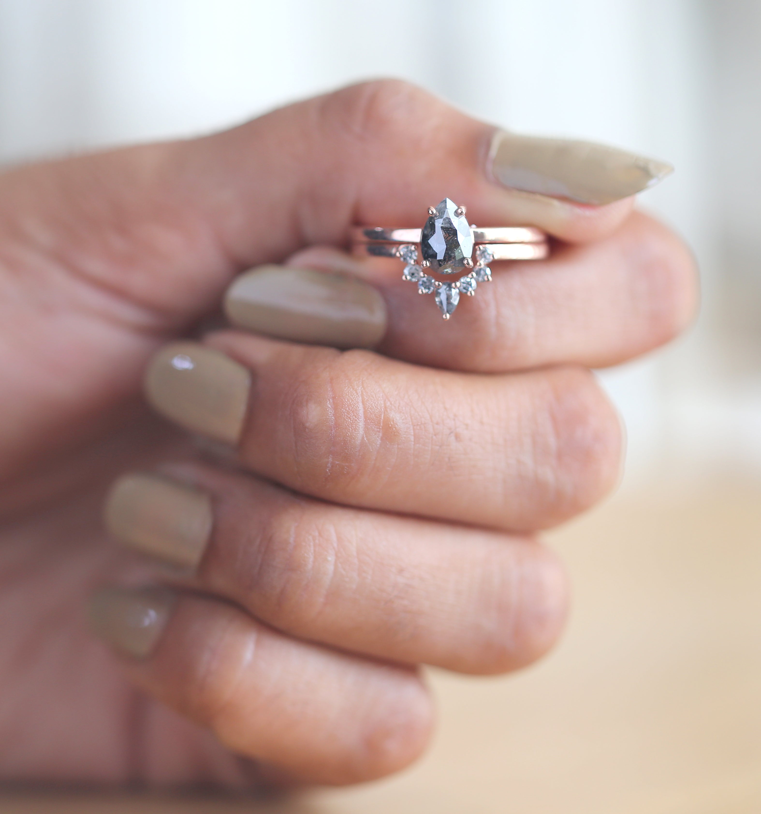 0.93 CT Salt And Pepper Diamond Ring, Pear Diamond Ring, Engagement Ring, 14K Rose Gold Ring, Rose Cut Ring, Wedding Gift For Her KDL680