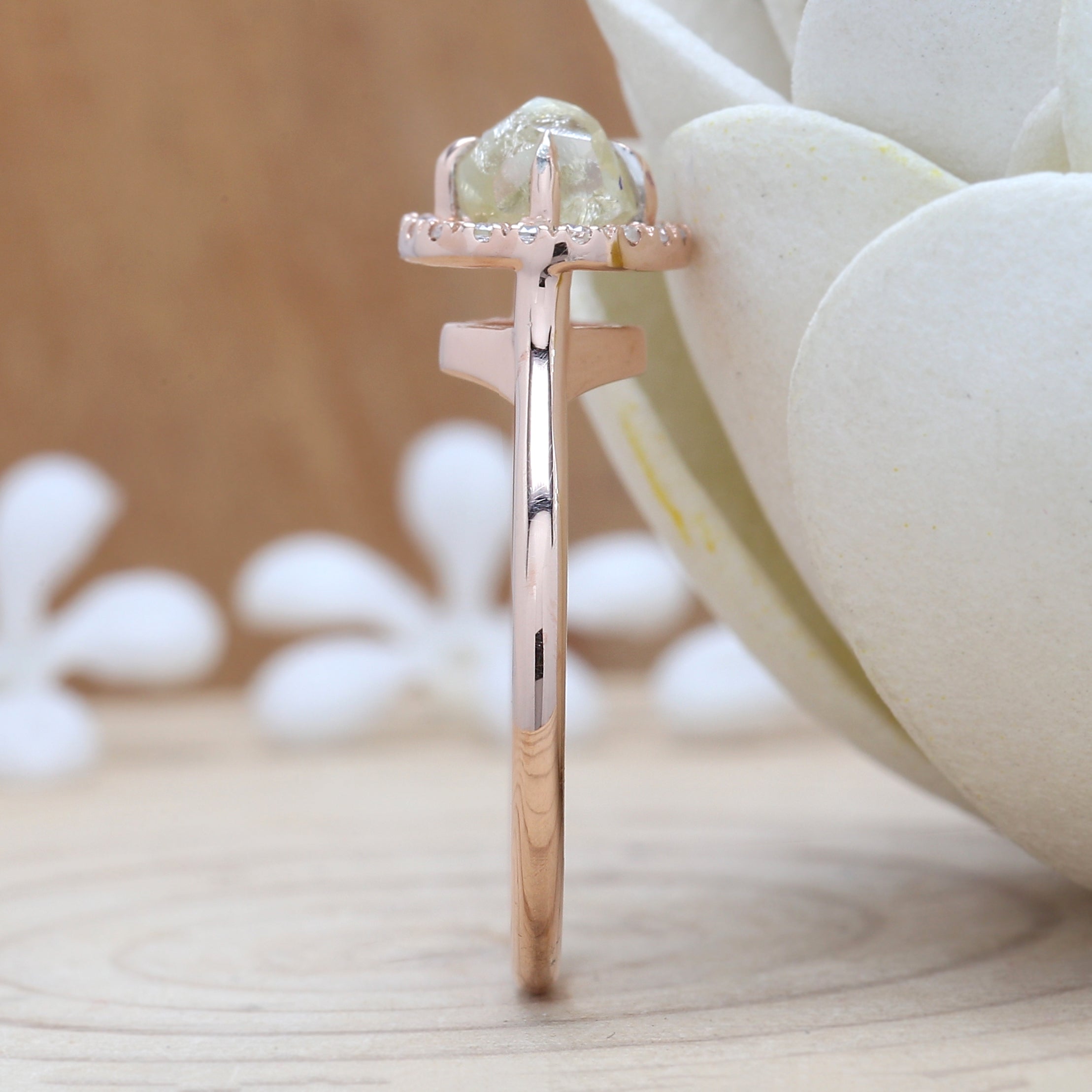 Rough Yellow Color Diamond Ring 0.98 Ct 5.40 MM Crystal Rough Diamond Ring 14K Solid Rose Gold Silver Engagement Ring Gift For Her QN2528