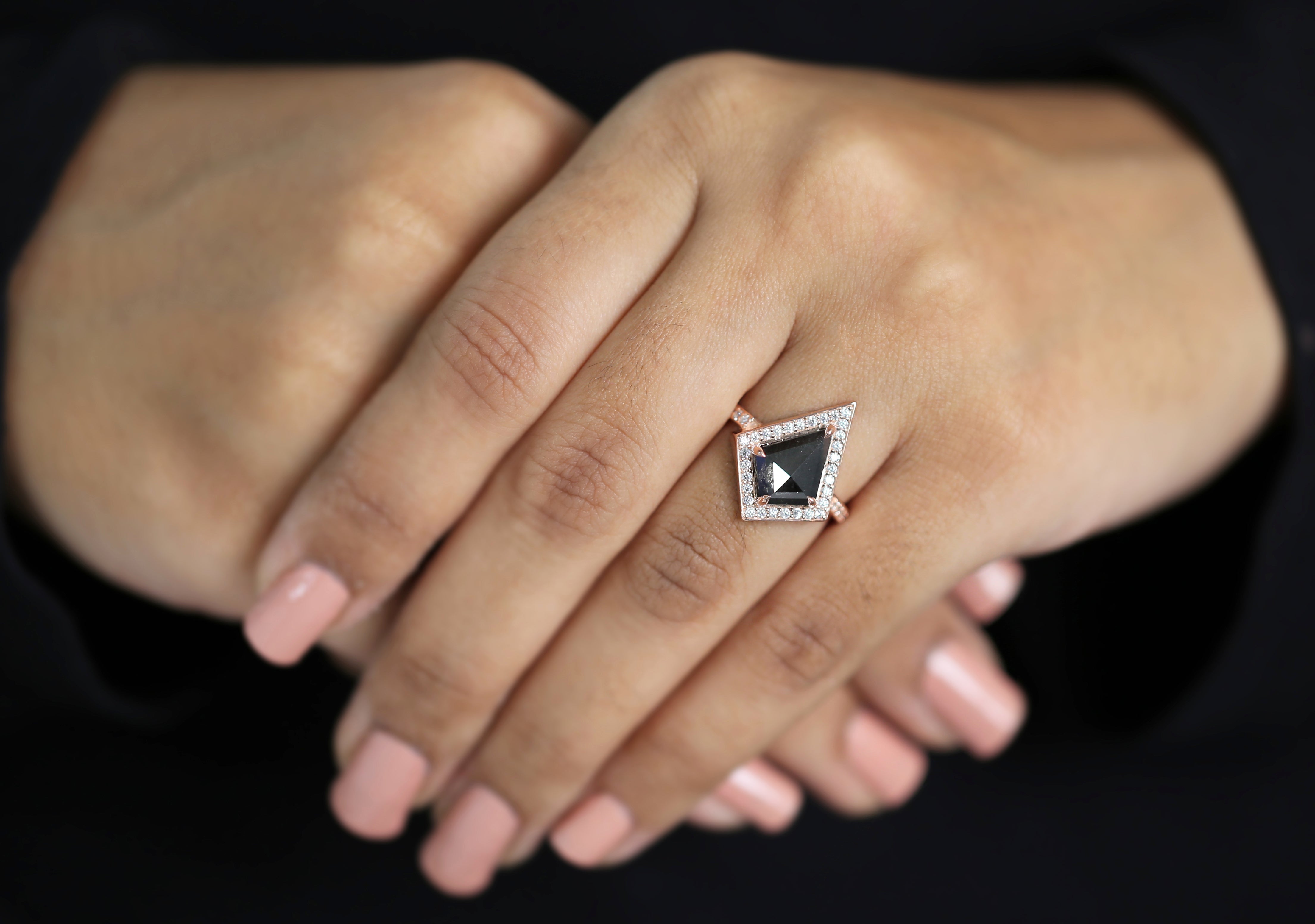 Kite Cut Salt And Pepper Diamond Ring 2.71 Ct 12.03 MM Kite Diamond Ring 14K Solid Rose Gold Silver Kite Engagement Ring Gift For Her QL2121