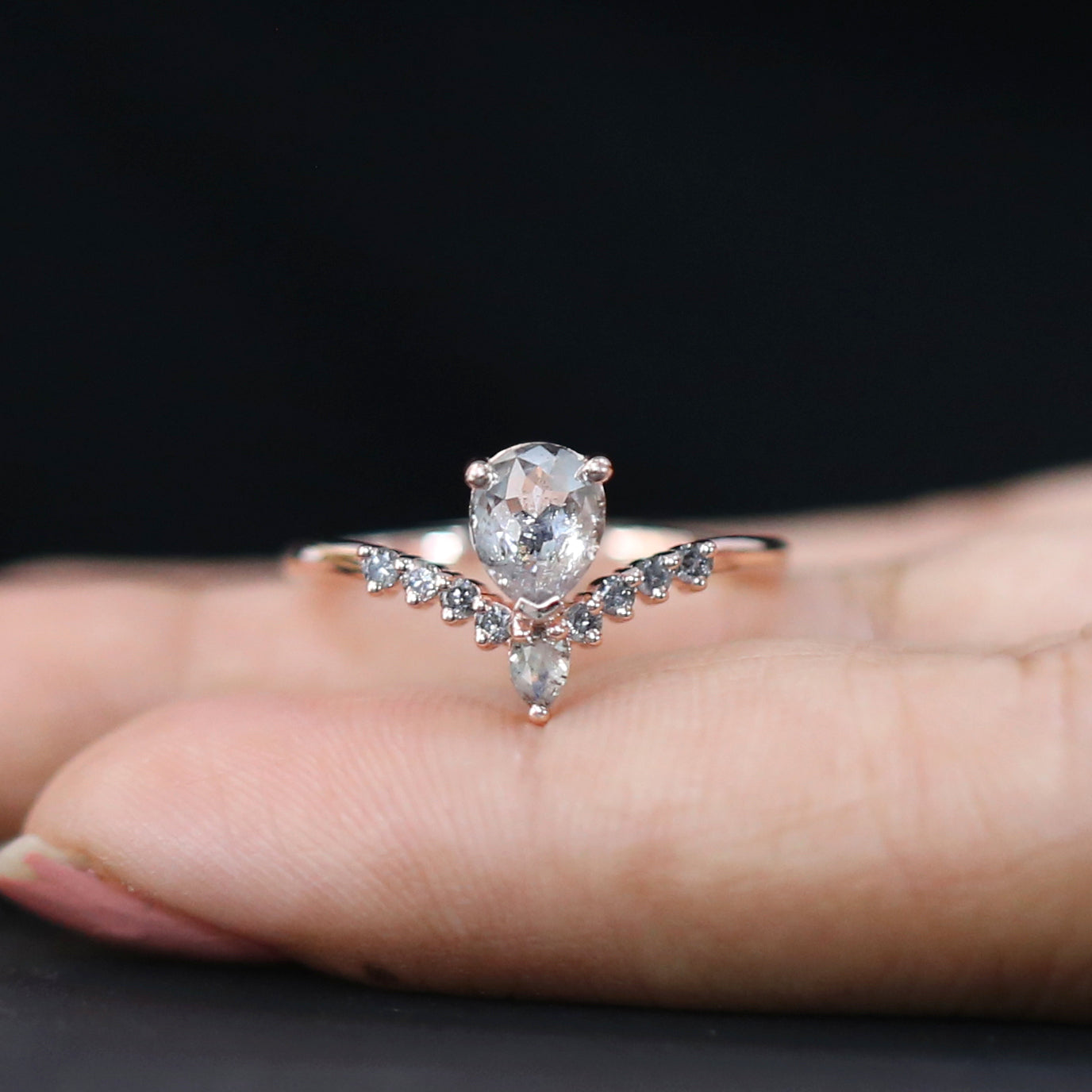 Pear Cut Salt And Pepper Diamond Ring 0.83 Ct 6.35 MM Pear Shape Diamond Ring 14K Solid Rose Gold Silver Engagement Ring Gift For Her QL8506