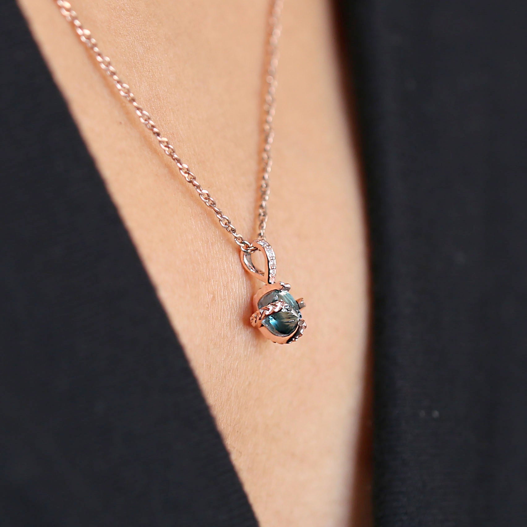 Rough Blue Color Diamond Pendant 1.36 Ct 6.31 MM Uncut Diamond Pendant 14K Solid Rose Gold Silver Engagement Pendant Gift For Her QL2343