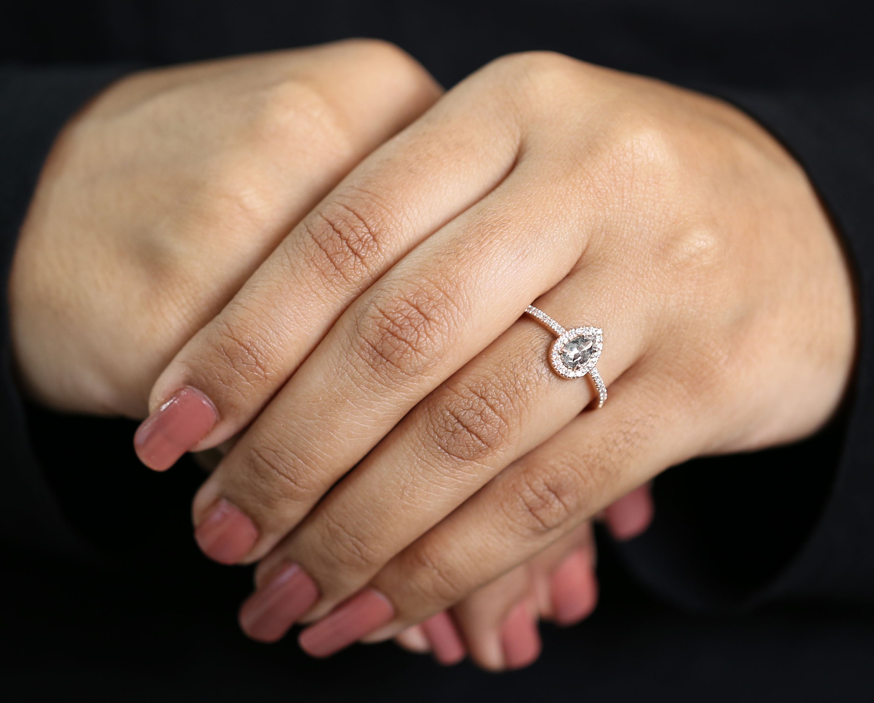 Pear Cut Salt And Pepper Diamond Ring 0.45 Ct 6.55 MM Pear Shape Diamond Ring 14K Solid Rose Gold Silver Engagement Ring Gift For Her QL3133
