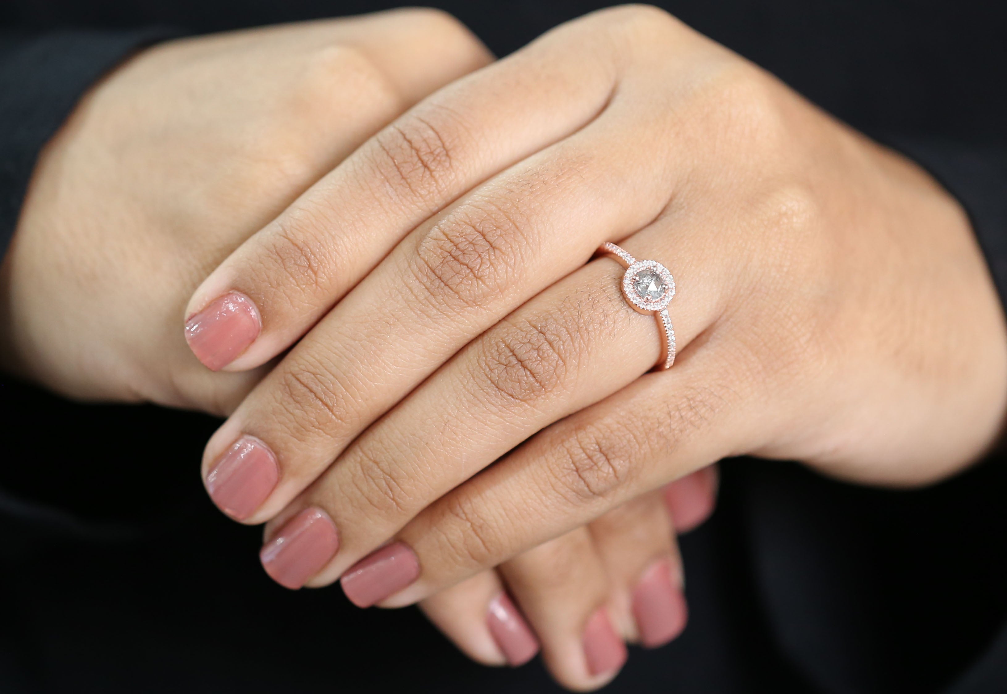 Round Rose Cut Salt And Pepper Diamond Ring 0.35 Ct 4.65 MM Round Diamond Ring 14K Rose Gold Silver Engagement Ring Gift For Her QL3141