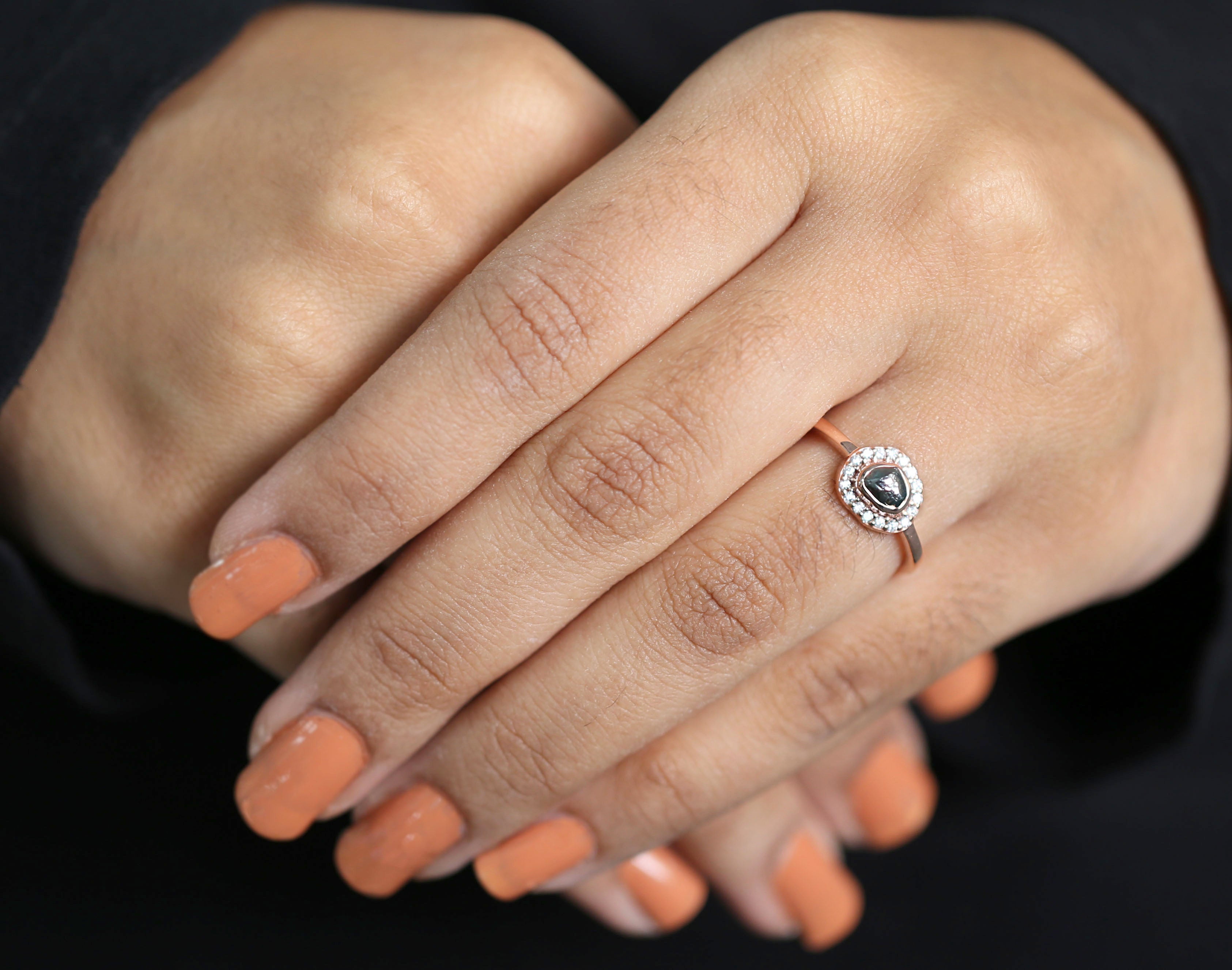 Rough Blue Color Diamond Ring 0.81 Ct 5.11 MM Crystal Rough Diamond Ring 14K Solid Rose Gold Silver Engagement Ring Gift For Her QK2519