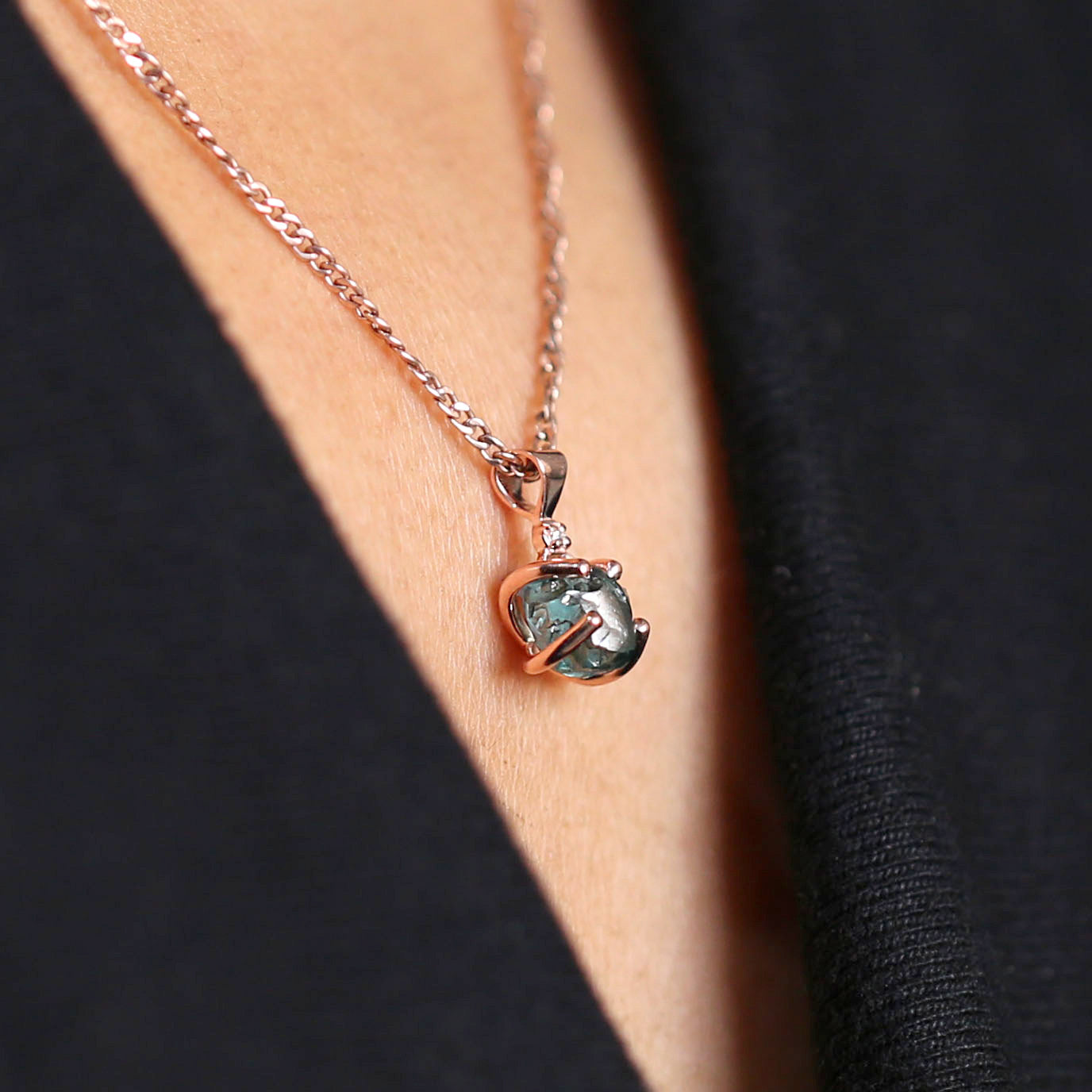 Rough Blue Color Diamond Pendant 1.48 Ct 6.85 MM Uncut Rough Pendant 14K Solid Rose Gold Silver Engagement Pendant Gift For Her QL2348