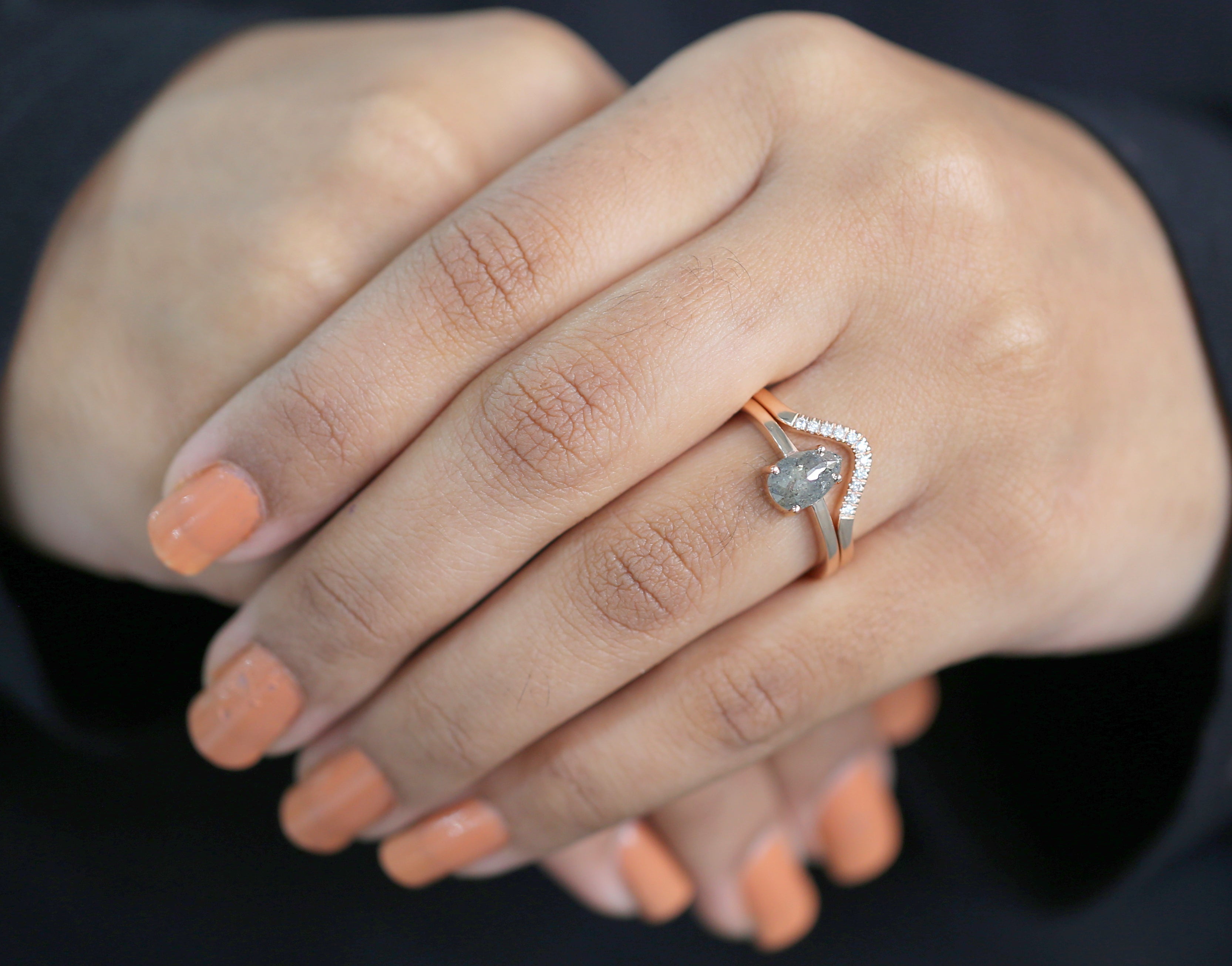 Pear Cut Salt And Pepper Diamond Ring 1.13 Ct 8.30 MM Pear Diamond Ring 14K Solid Rose Gold Silver Pear Engagement Ring Gift For Her QL3024