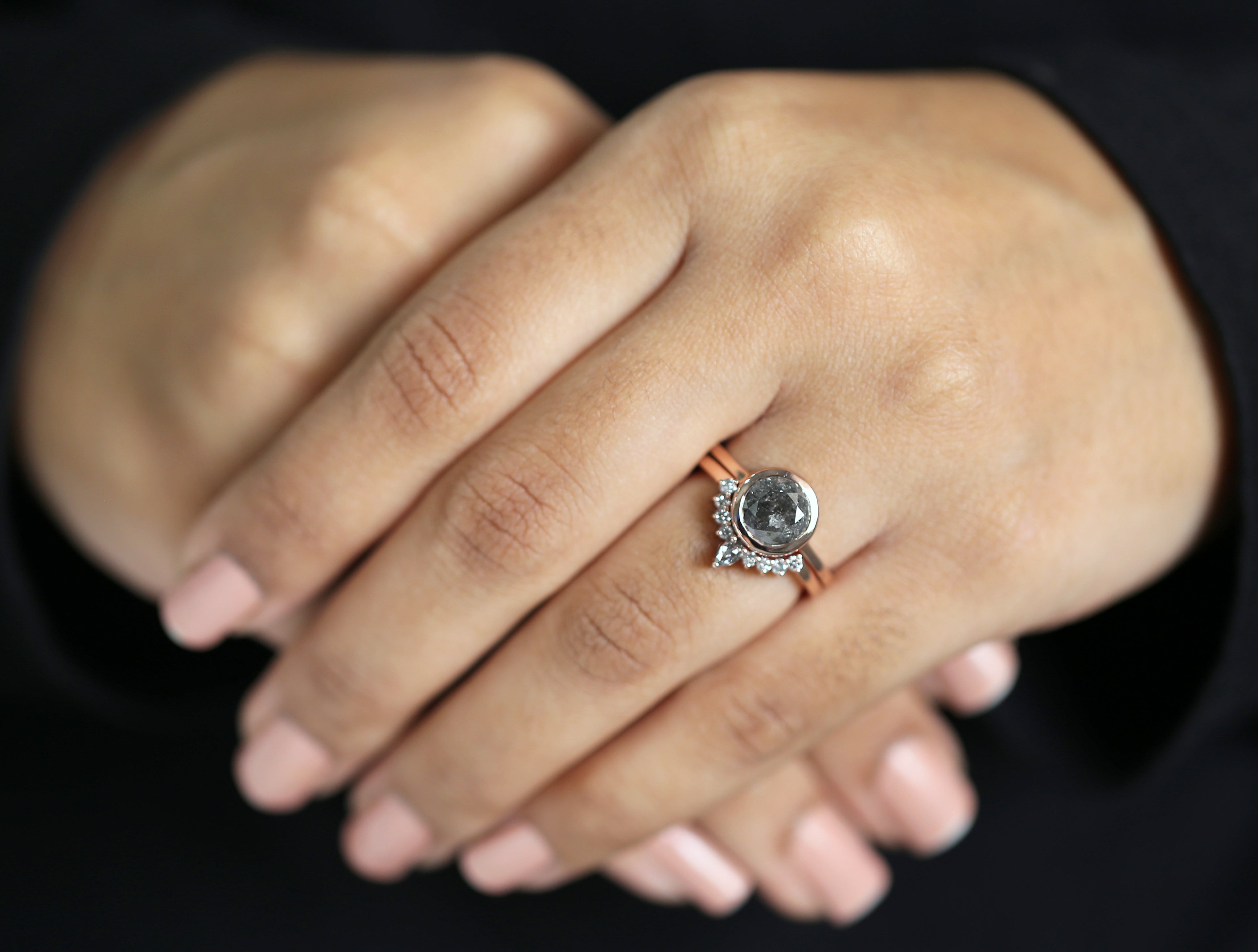 Round Cut Salt And Pepper Diamond Ring 1.96 Ct 7.49 MM Round Diamond Ring 14K Solid Rose Gold Silver Engagement Ring Gift For Her QL8077