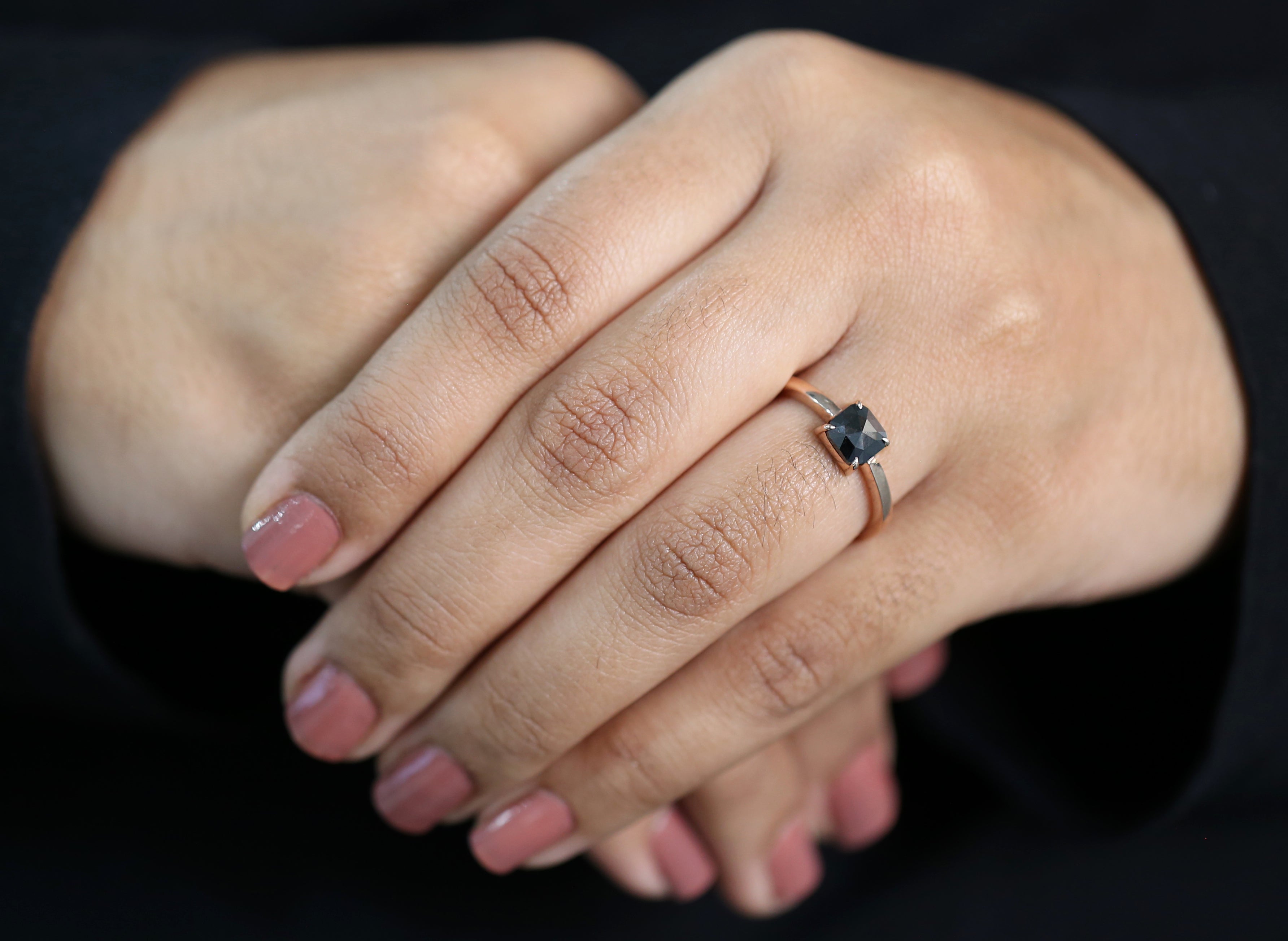 Cushion Shape Black Color Diamond Ring 0.88 Ct 5.99 MM Cushion Diamond Ring 14K Solid Rose Gold Silver Engagement Ring Gift For Her QL3140