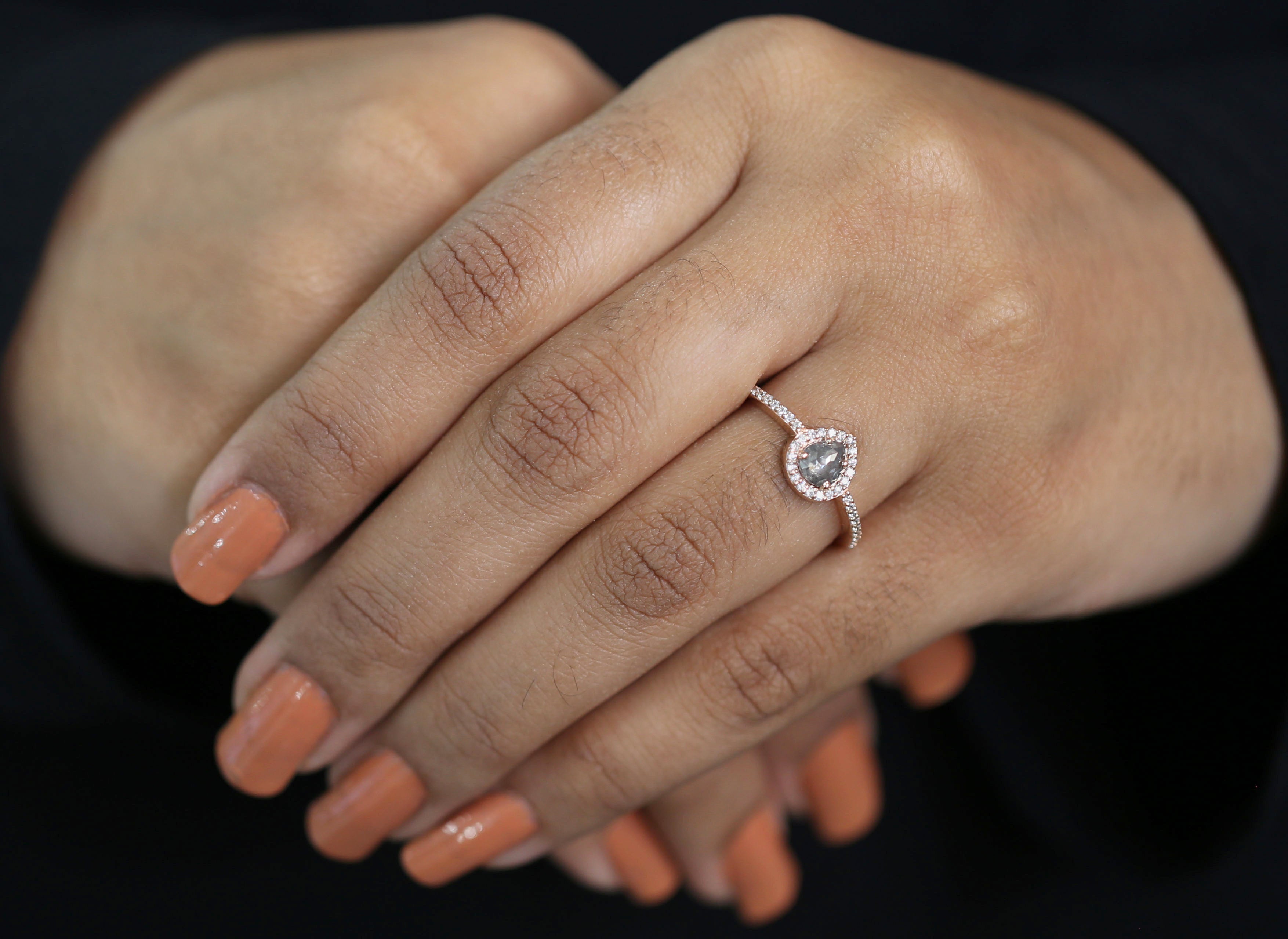 Pear Cut Salt And Pepper Diamond Ring 0.47 Ct 5.65 MM Pear Shape Diamond Ring 14K Solid Rose Gold Silver Engagement Ring Gift For Her QL3135