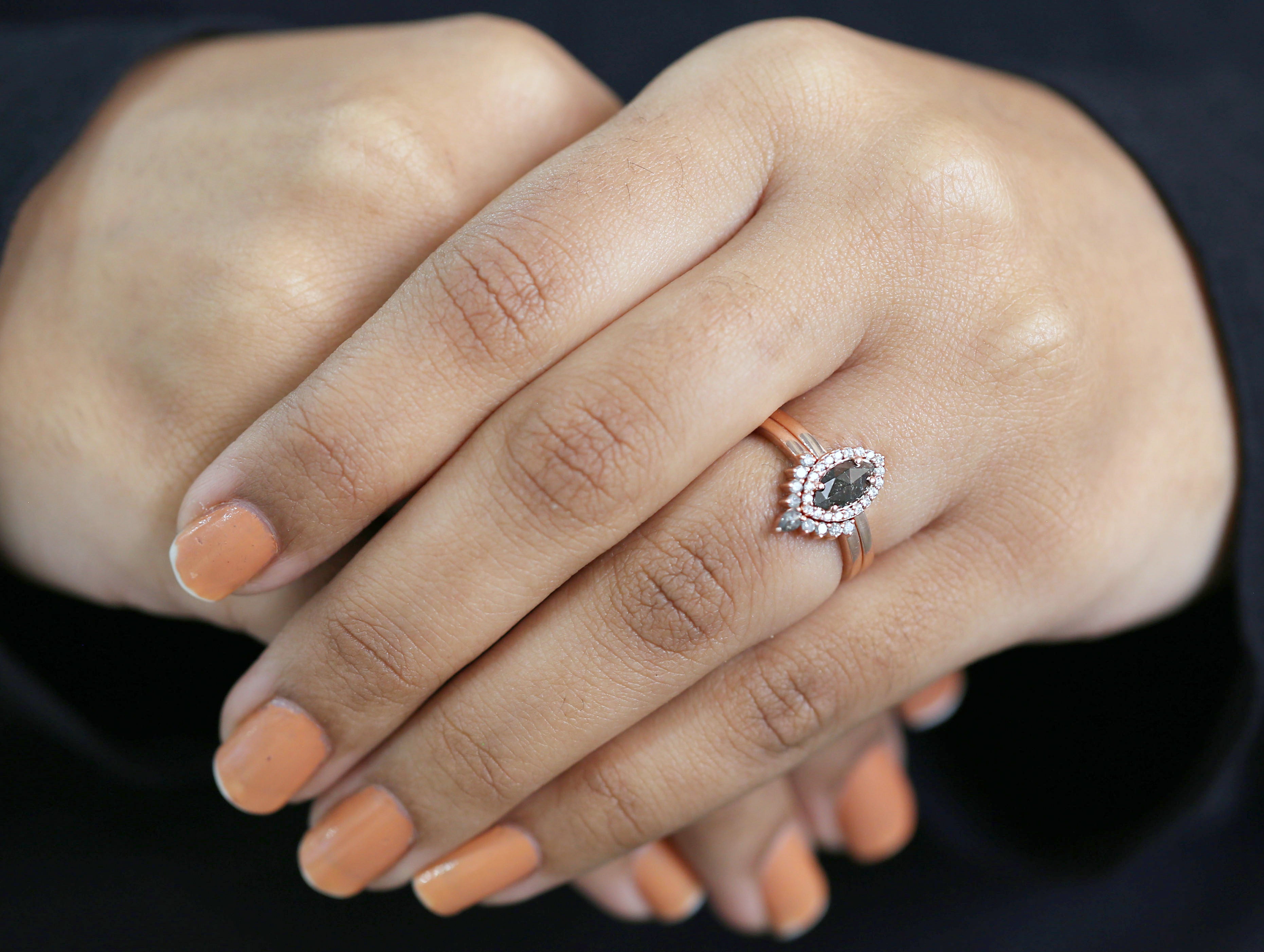 Marquise Cut Salt And Pepper Diamond Ring 0.55 Ct 7.50 MM Marquise Diamond Ring 14K Rose Gold Silver Engagement Ring Gift For Her QL3120