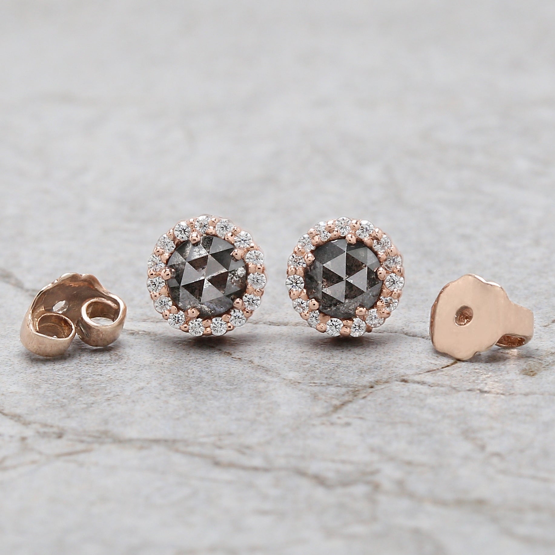 Round Rose Cut Salt And Pepper Diamond Earring 0.78 Ct 4.30 MM Round Diamond Earring 14K Solid Rose Gold Silver Engagement Earring QN1791