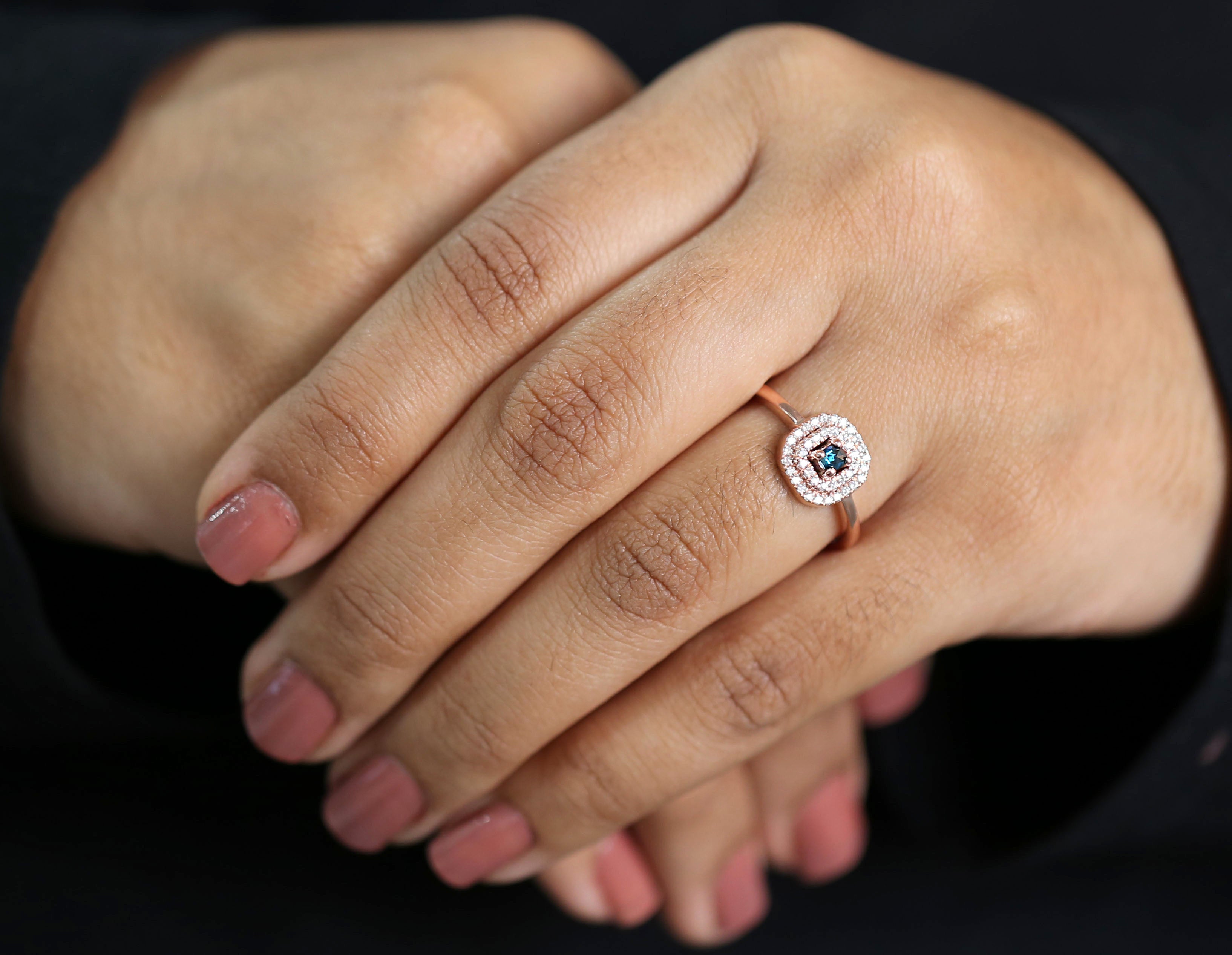 Cushion Shape Blue Color Diamond Ring 0.11 Ct 2.80 MM Cushion Diamond Ring 14K Solid Rose Gold Silver Engagement Ring Gift For Her QN2534