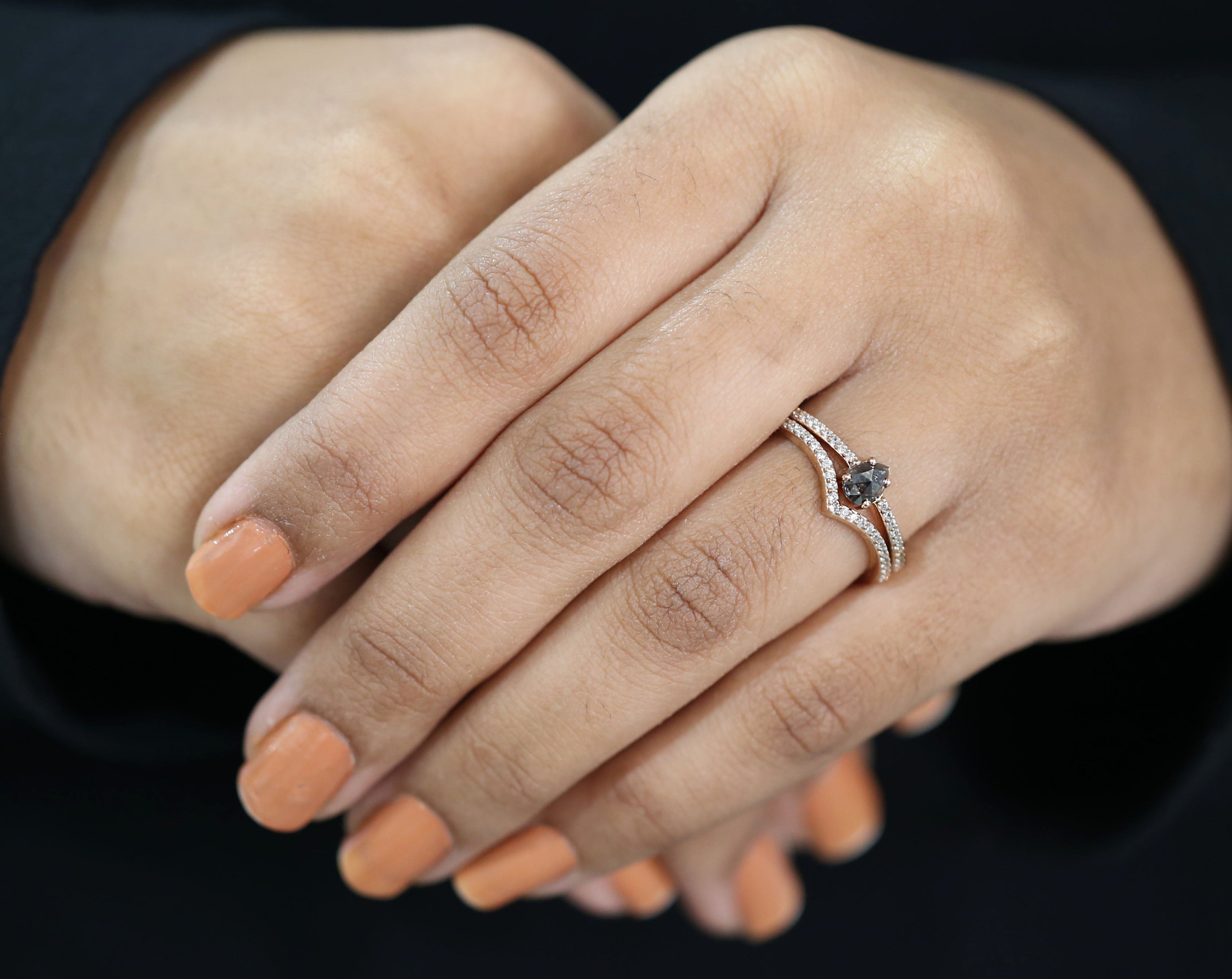 Pear Cut Salt And Pepper Diamond Ring 0.46 Ct 5.35 MM Pear Diamond Ring 14K Solid Rose Gold Silver Pear Engagement Ring Gift For Her QL3126