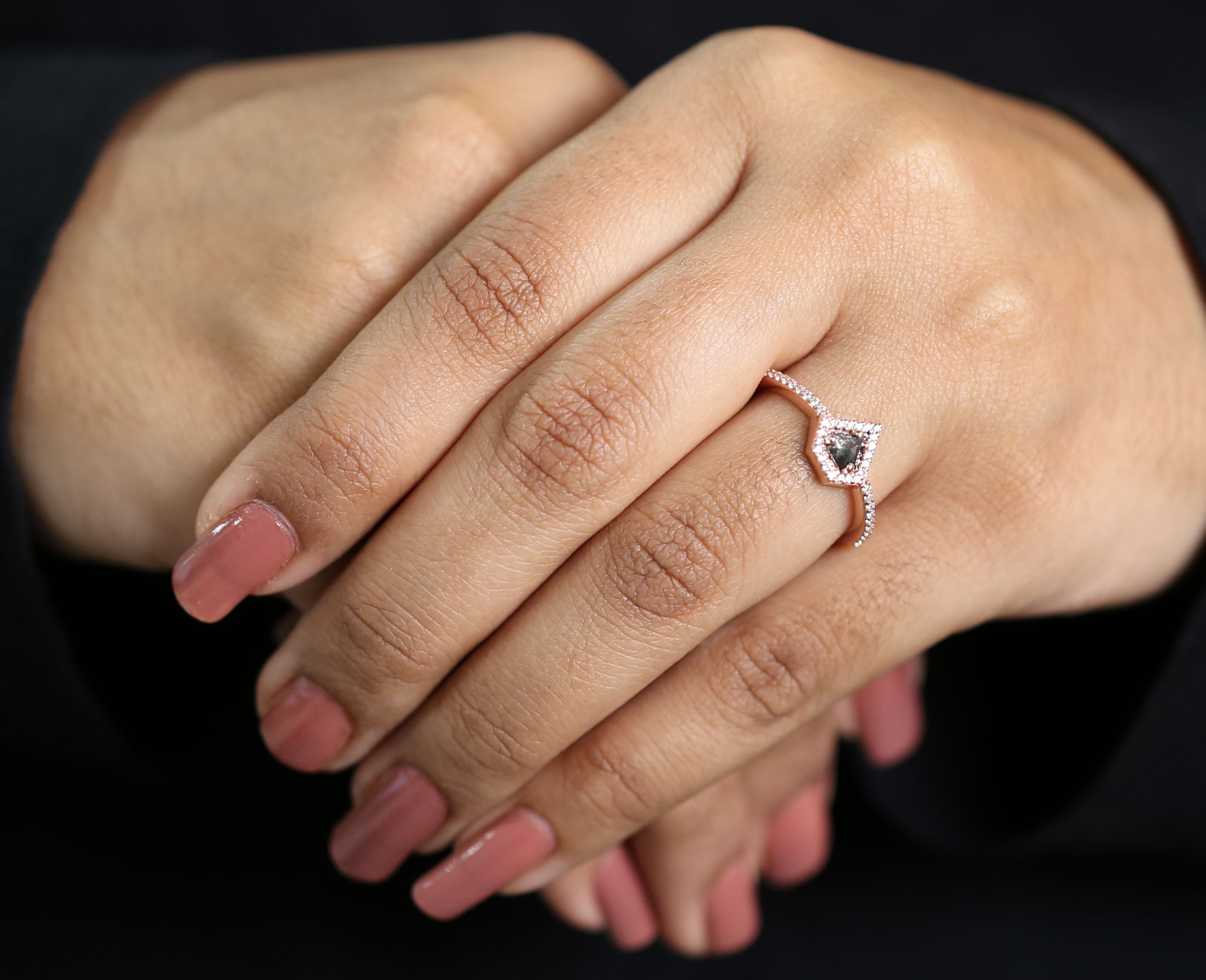 Shield Salt And Pepper Diamond Ring 0.32 Ct 4.60 MM Shield Shape Diamond Ring 14K Solid Rose Gold Silver Engagement Ring Gift For Her QN2532