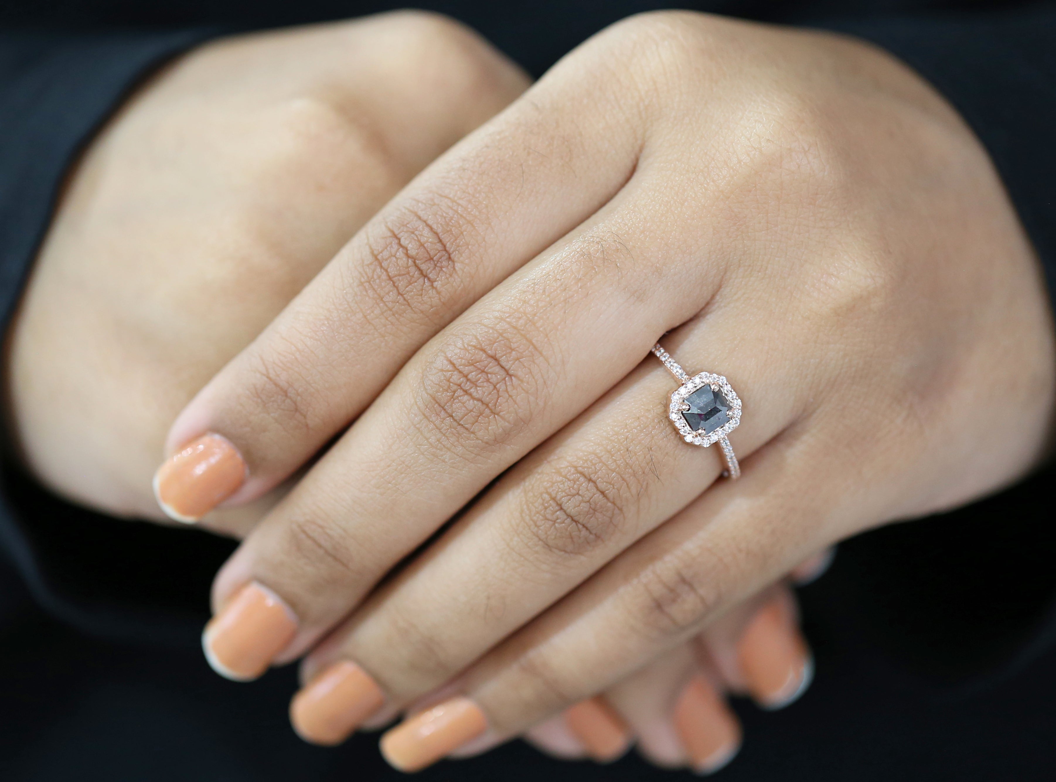 Emerald Cut Salt And Pepper Diamond Ring 0.69 Ct 5.46 MM Emerald Diamond Ring 14K Solid Rose Gold Silver Engagement Ring Gift For Her QL3129