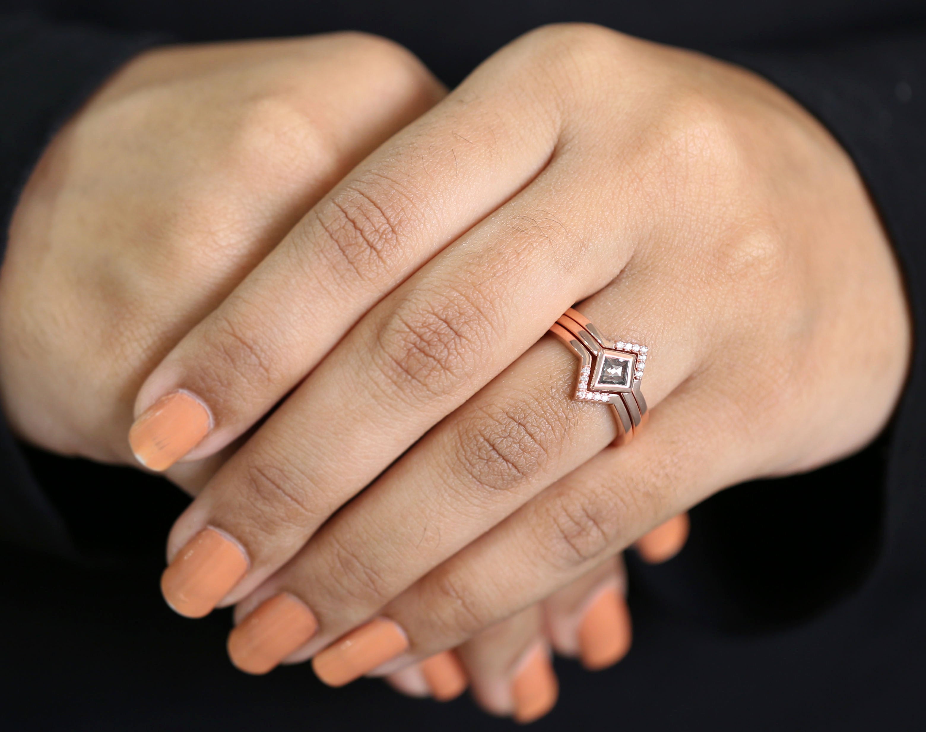 Kite Cut Salt And Pepper Diamond Ring 0.29 Ct 6.00 MM Kite Diamond Ring 14K Solid Rose Gold Silver Kite Engagement Ring Gift For Her QLB3123