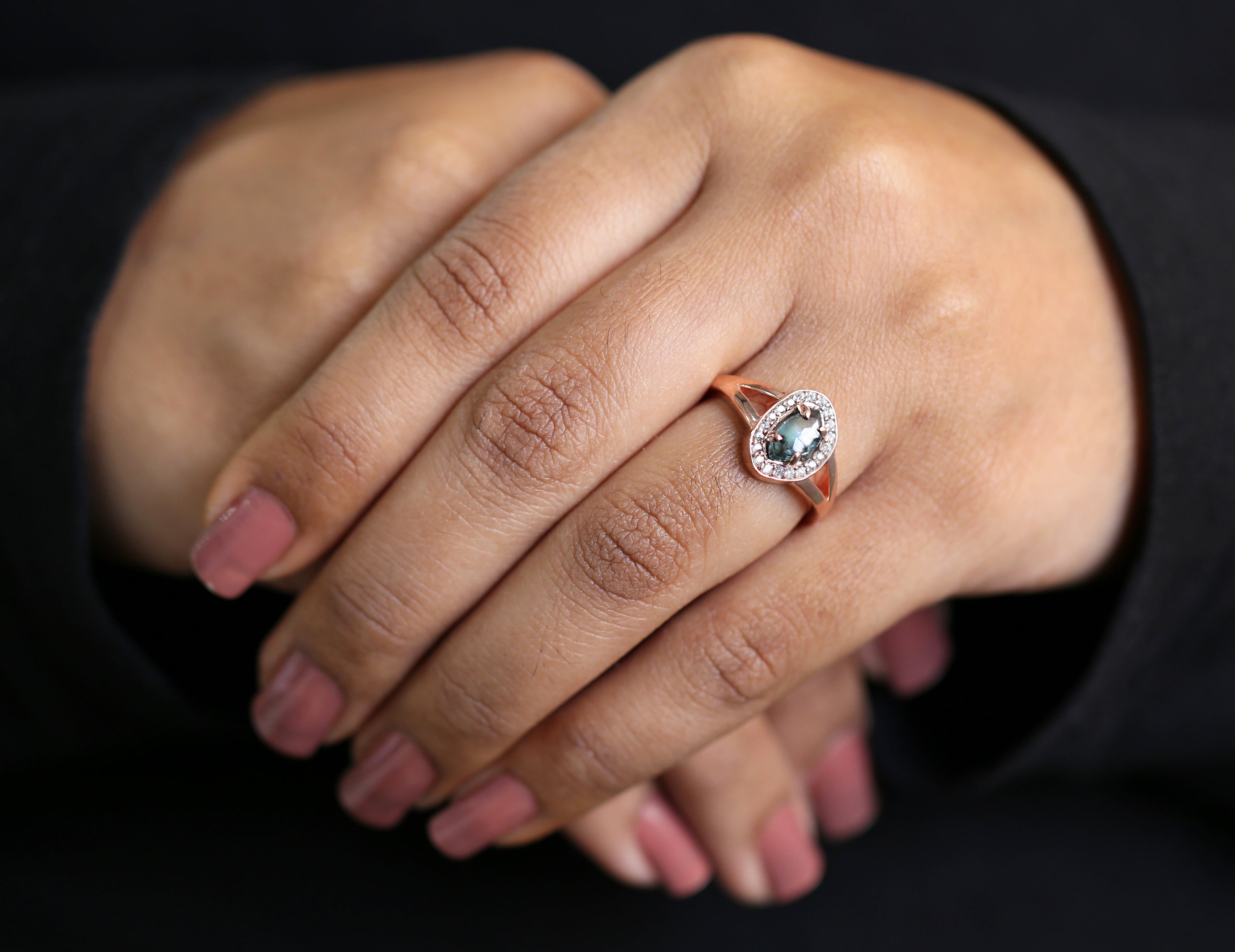 Rough Blue Color Diamond Ring 1.40 Ct 8.04 MM Crystal Rough Diamond Ring 14K Solid Rose Gold Silver Engagement Ring Gift For Her QL2295