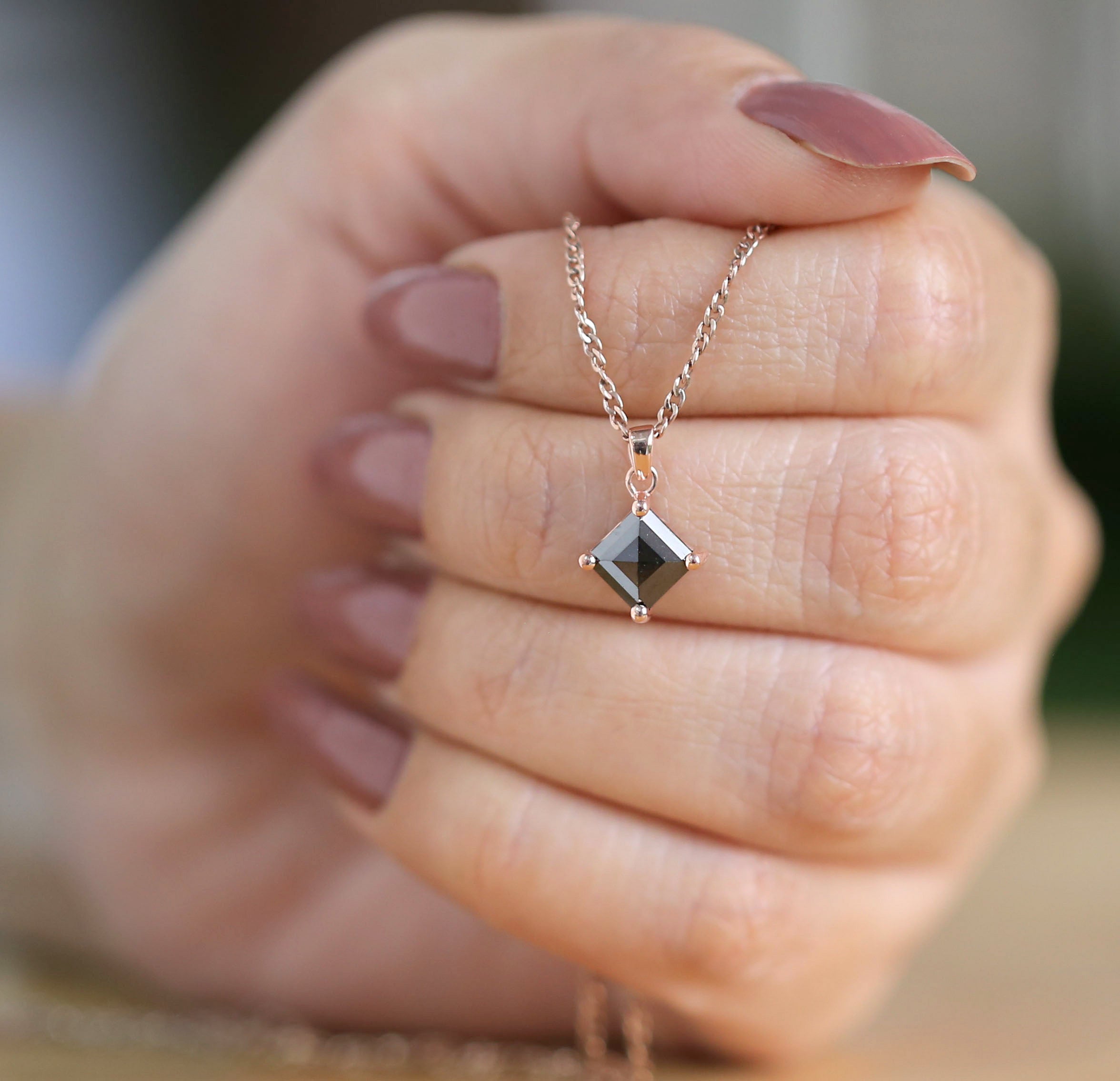 Kite Cut Black Color Diamond Pendant 1.20 Ct 8.35 MM Kite Diamond Pendant 14K Solid Rose Gold Silver Engagement Pendant Gift For Her QN553