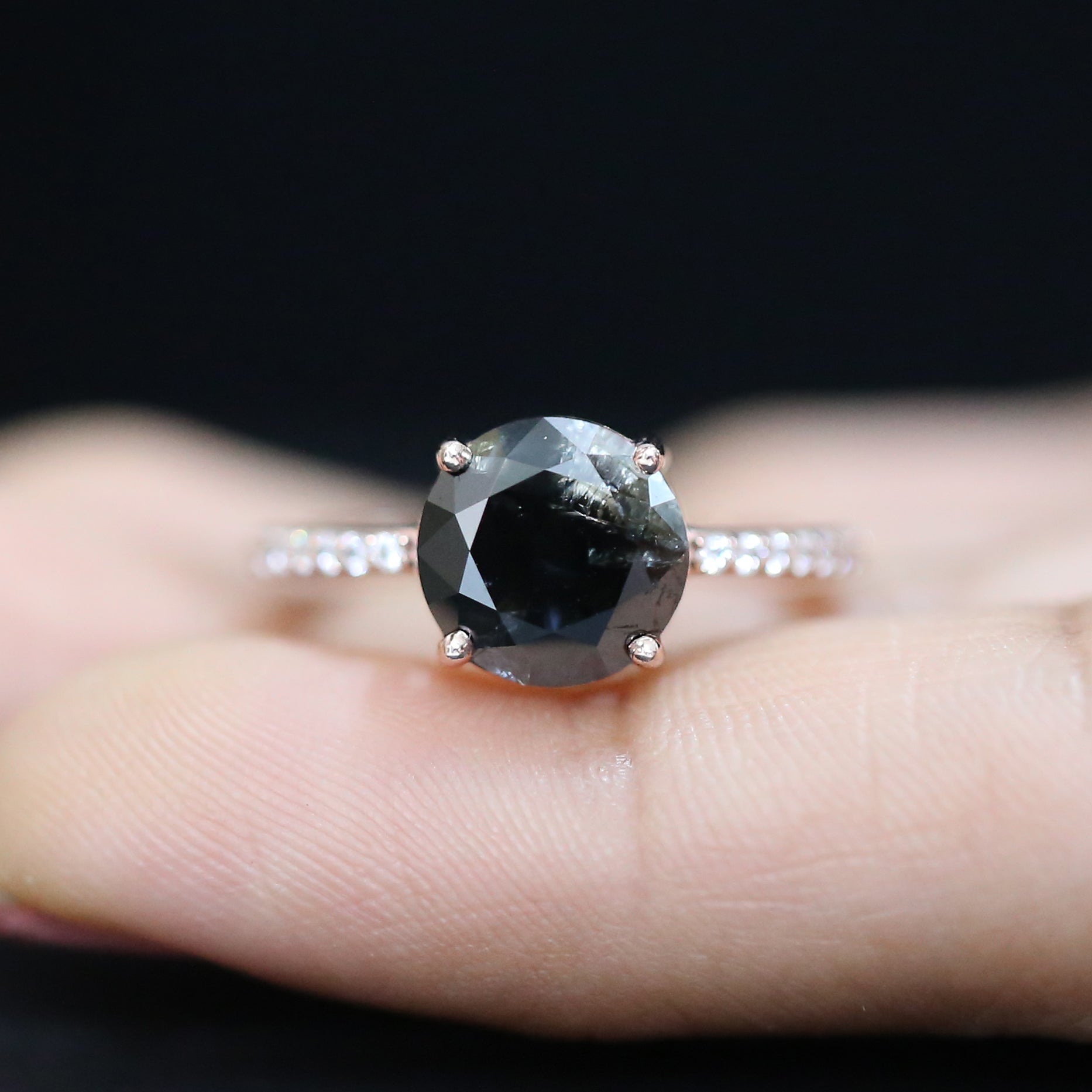 Round Cut Black Color Diamond Ring 2.93 Ct 9.00 MM Round Shape Diamond Ring 14K Solid Rose Gold Silver Engagement Ring Gift For Her QL389