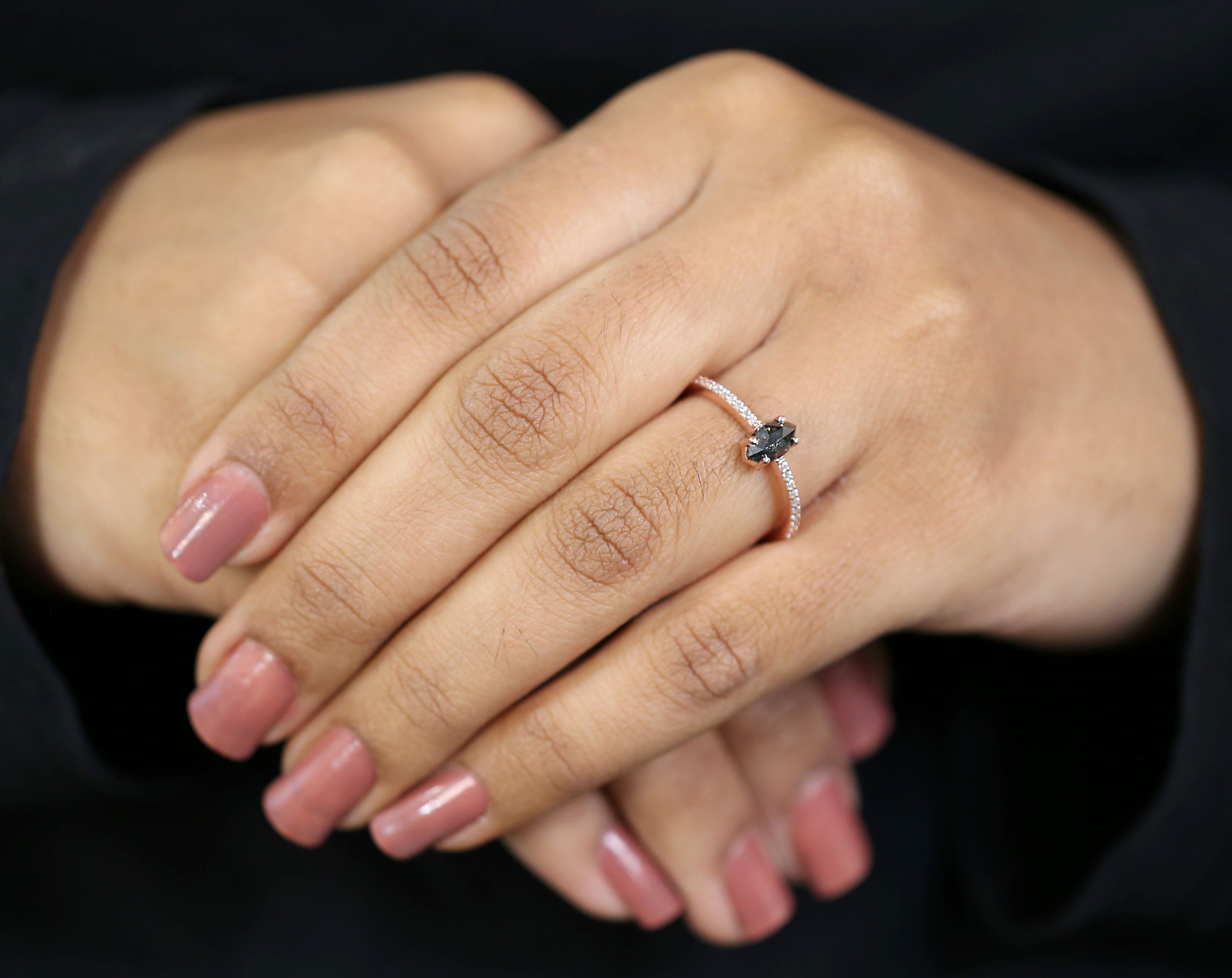 Marquise Salt And Pepper Diamond Ring 0.61 Ct 6.95 MM Marquise Diamond Ring 14K Solid Rose Gold Silver Engagement Ring Gift For Her QL3137