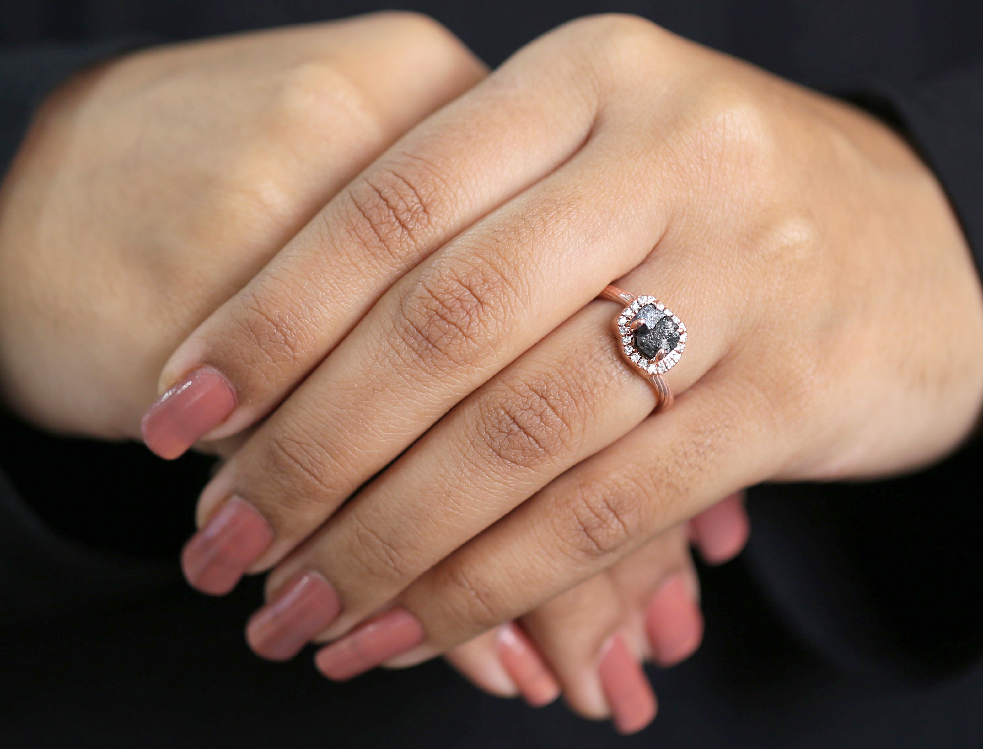 Rough Black Color Diamond Ring 1.91 Ct 7.30 MM Rough Uncut Diamond Ring 14K Solid Rose Gold Silver Rough Engagement Ring Gift For Her QL6713
