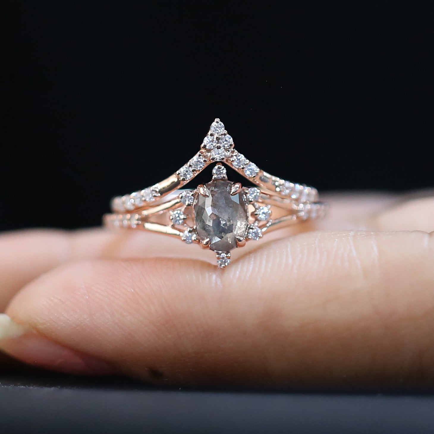 Oval Cut Salt And Pepper Diamond Ring 0.73 Ct 6.15 MM Oval Diamond Ring 14K Solid Rose Gold Silver Oval Engagement Ring Gift For Her QL3093