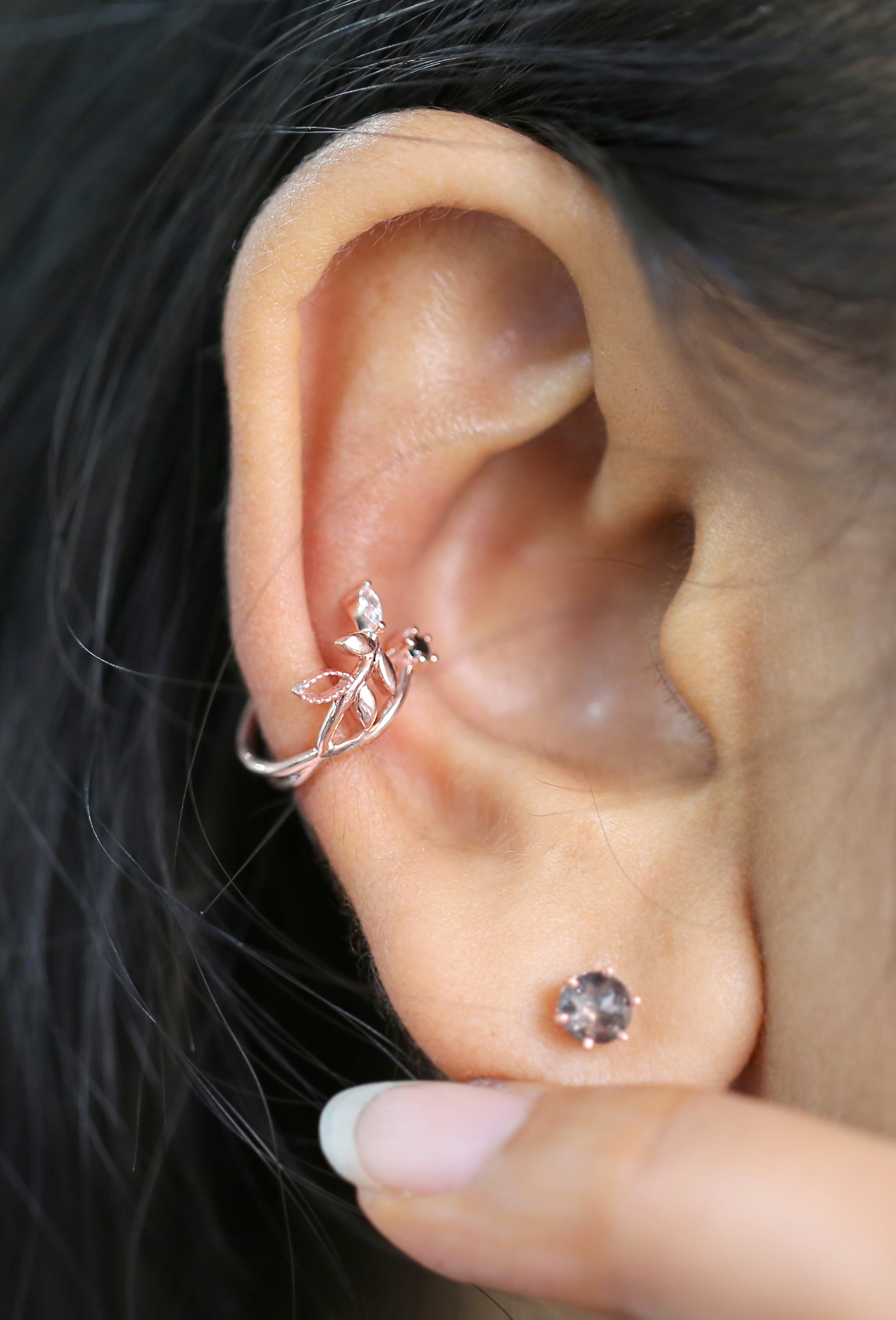 Natural Round / Marquise Diamond 14K Solid Rose White Yellow Gold Ear Cuff Ring Engagement Wedding Gift Ear Cuff KD1071