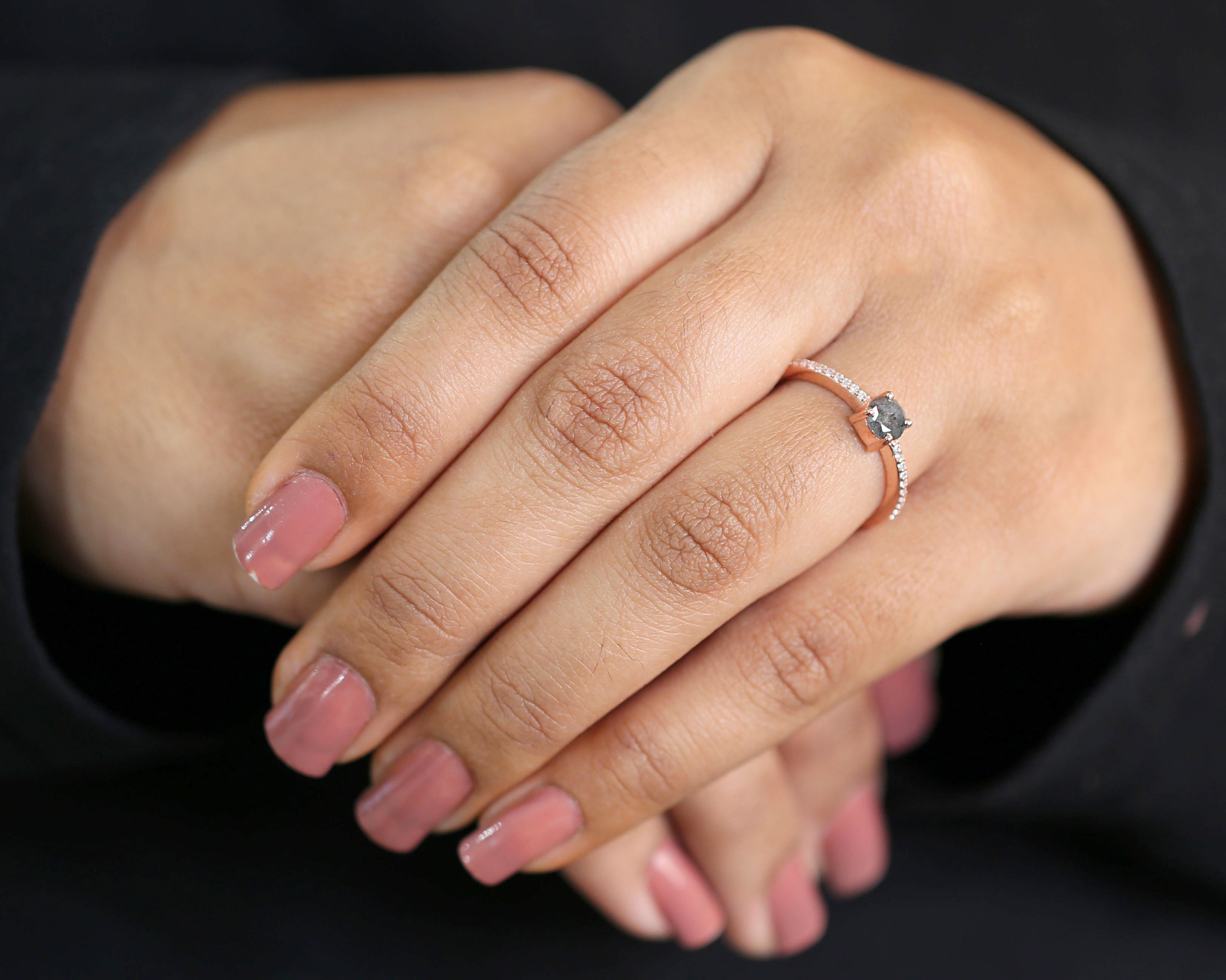 Round Cut Salt And Pepper Diamond Ring 0.58 Ct 4.95MM Round Diamond Ring 14K Solid Rose Gold Silver Engagement Ring Gift For Her QL7918