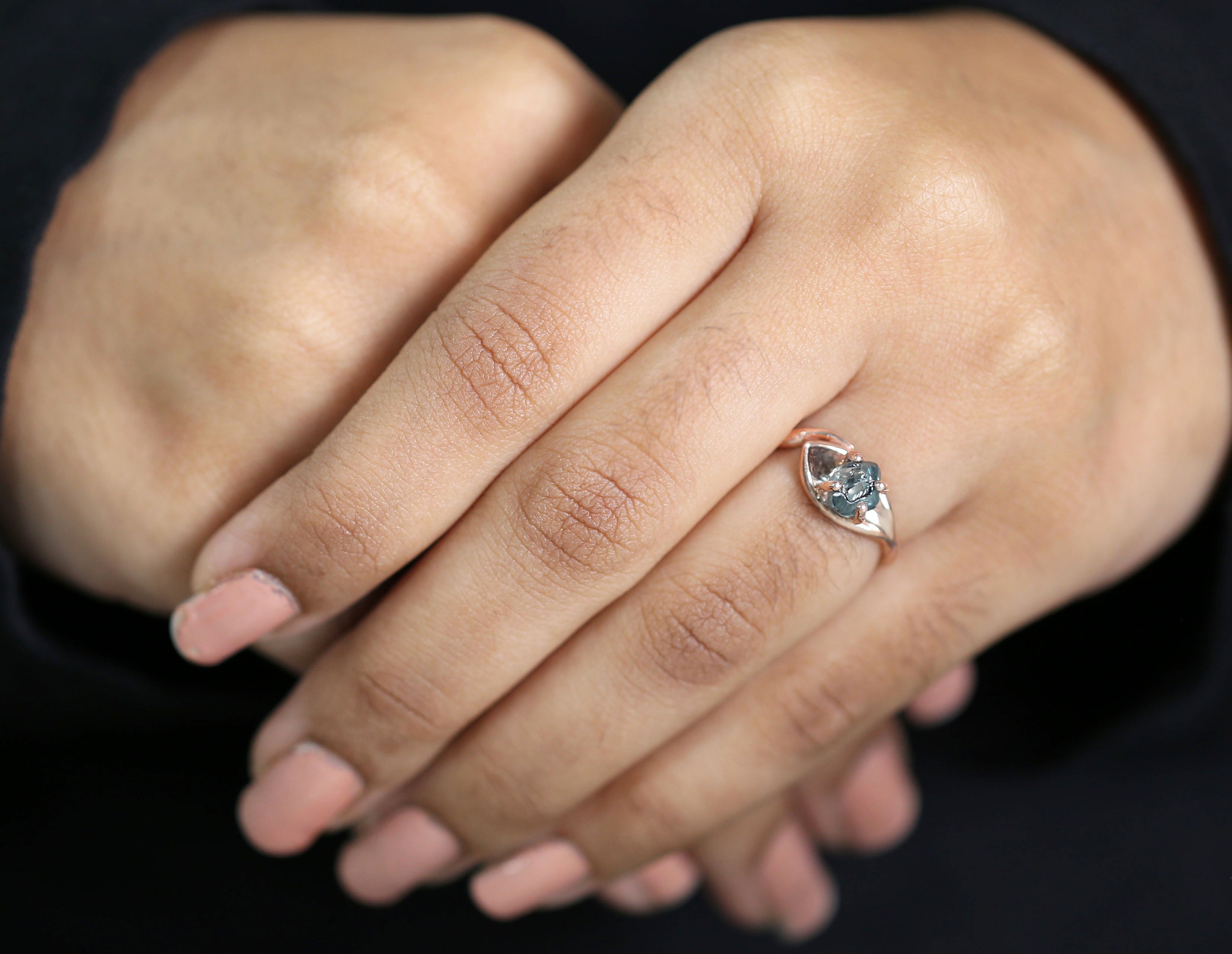 Rough Blue Color Diamond Ring 1.30 Ct 6.12 MM Crystal Rough Diamond Ring 14K Solid Rose Gold Silver Engagement Ring Gift For Her QL2277