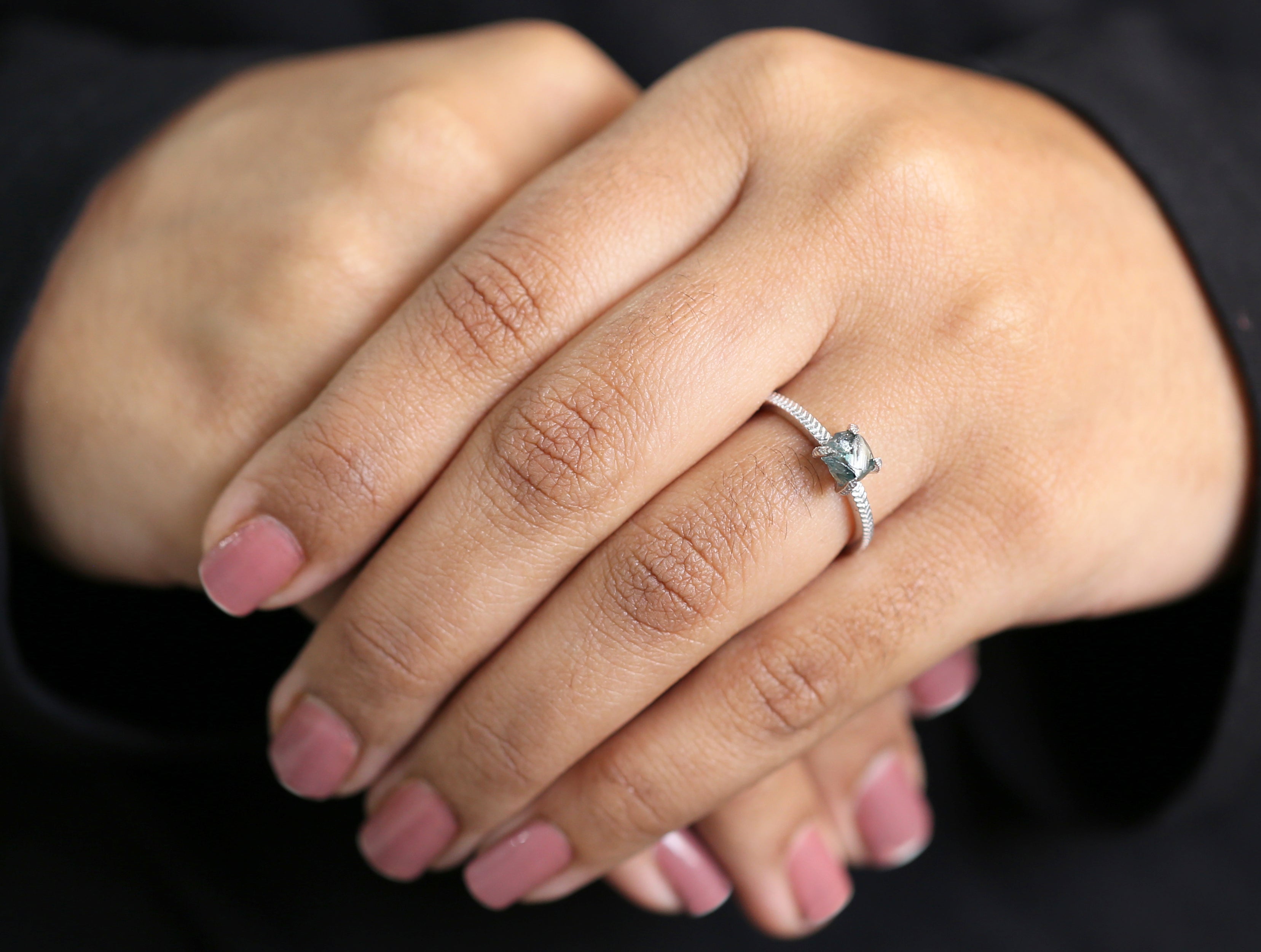 Rough Blue Color Diamond Ring 1.11 Ct 5.85 MM Crystal Rough Diamond Ring 14K Solid White Gold Silver Engagement Ring Gift For Her QL2358