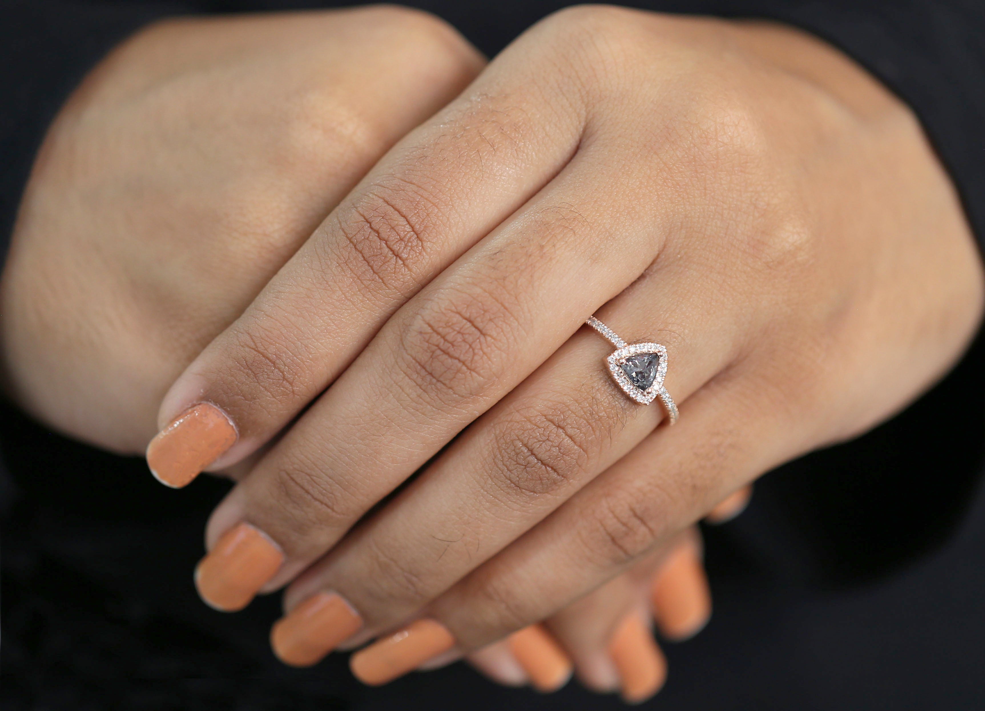 Triangle Salt And Pepper Diamond Ring 0.60 Ct 5.15 MM Triangle Diamond Ring 14K Solid Rose Gold Silver Engagement Ring Gift For Her QL3130