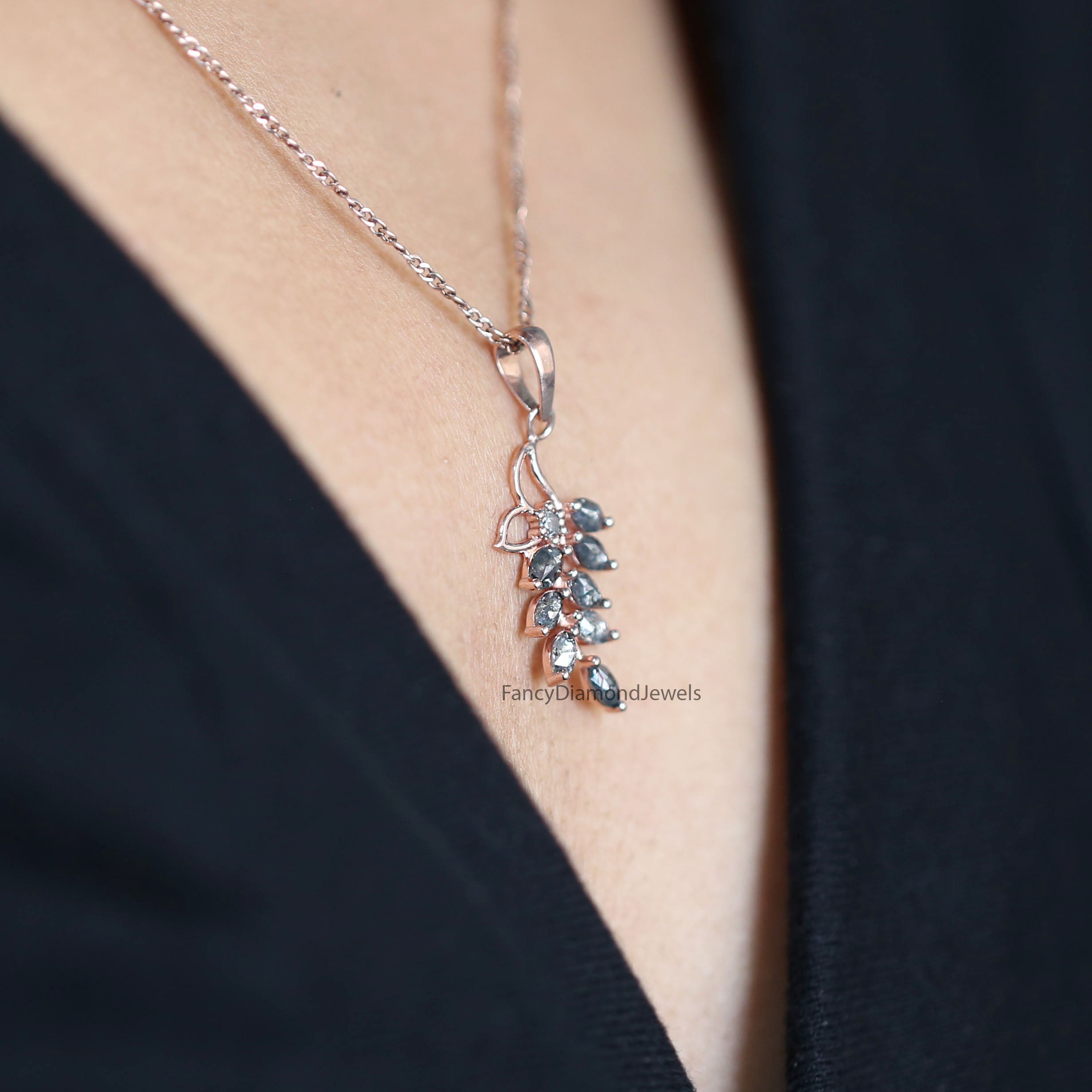 Marquise Cut Salt And Pepper Diamond Pendant 1.12 Ct 4.76 MM Marquise Diamond Pendant 14K Solid Rose Gold Silver Engagement Pendant QL2666