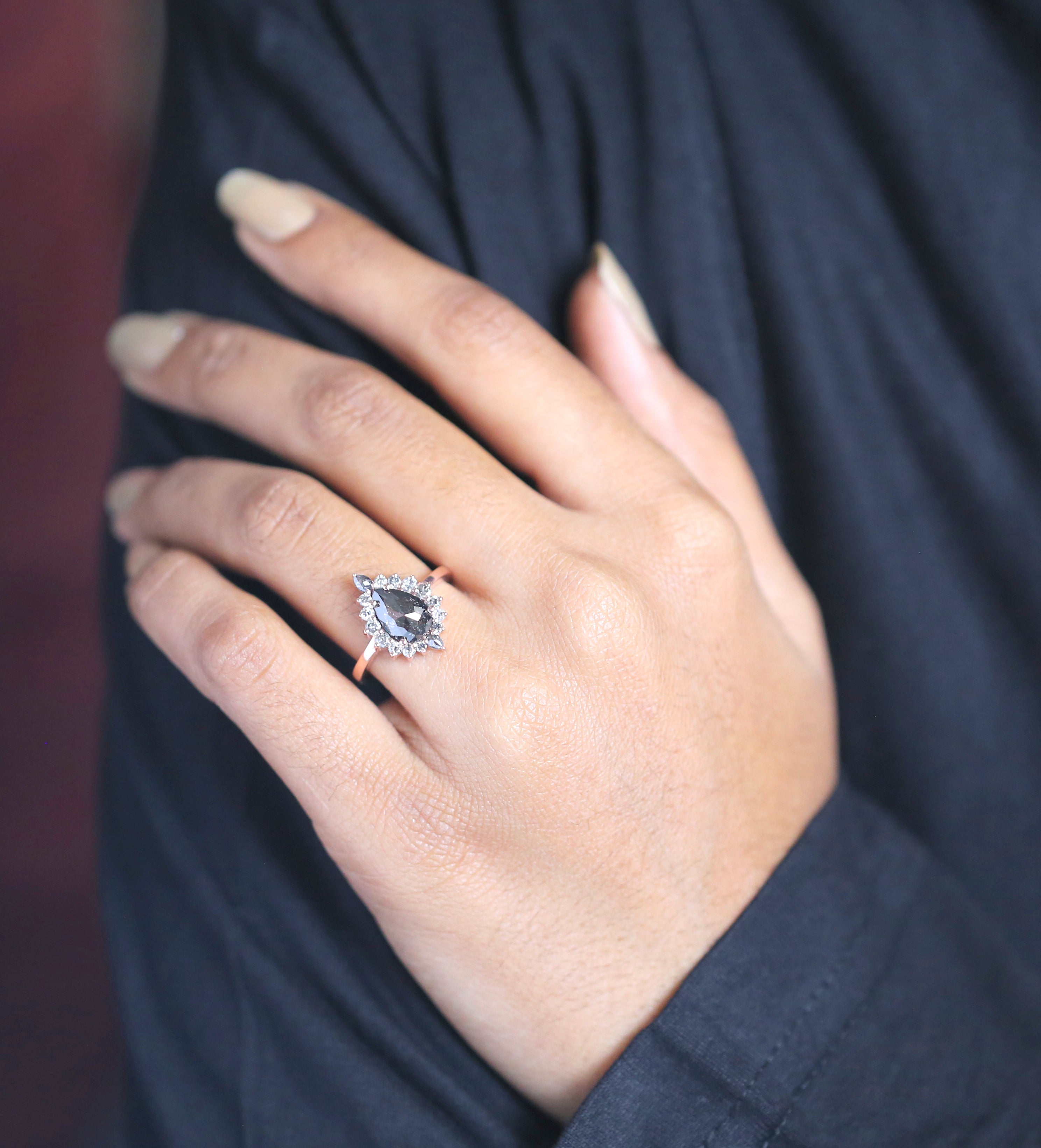 1.69 CT Salt And Pepper Ring, Pear Diamond Ring, Engagement Ring, 14K Rose Gold Ring, Rose Cut Ring, Wedding Ring, Gift For Her KDL691