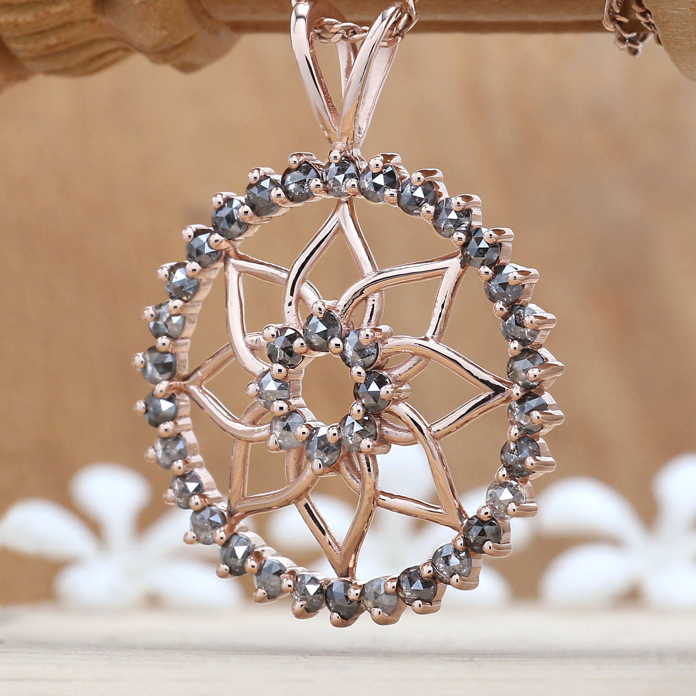 1.45 CT Salt And Pepper Diamond Pendant, Round Rose Cut Diamond Pendant, 14K Rose Gold Pendant, Necklace Pendant, Gift For Her KDK1951