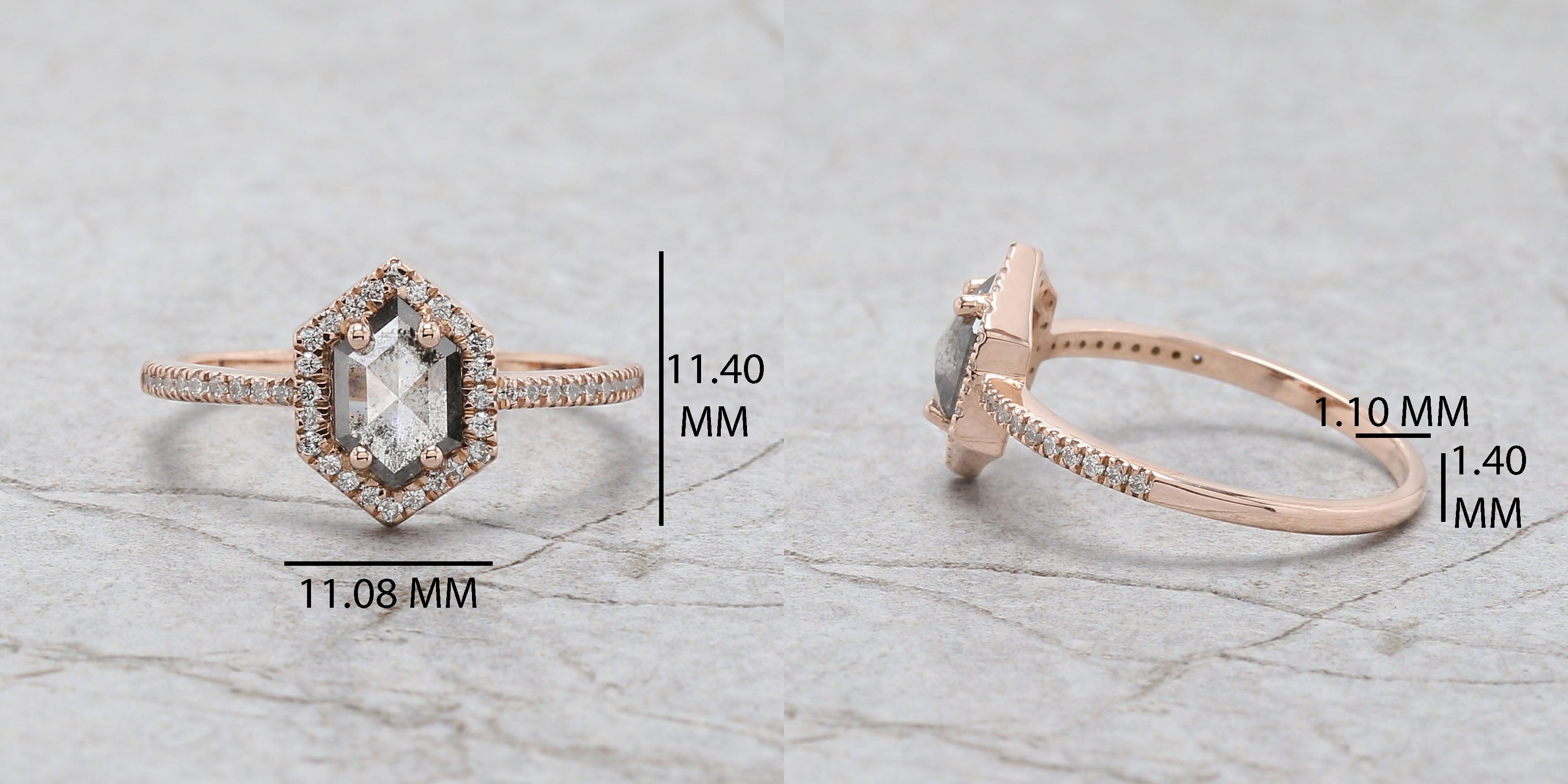 Hexagon Cut Salt And Pepper Diamond Ring 0.45 Ct 7.15 MM Hexagon Diamond Ring 14K Solid Rose Gold Silver Engagement Ring Gift For Her QL3132