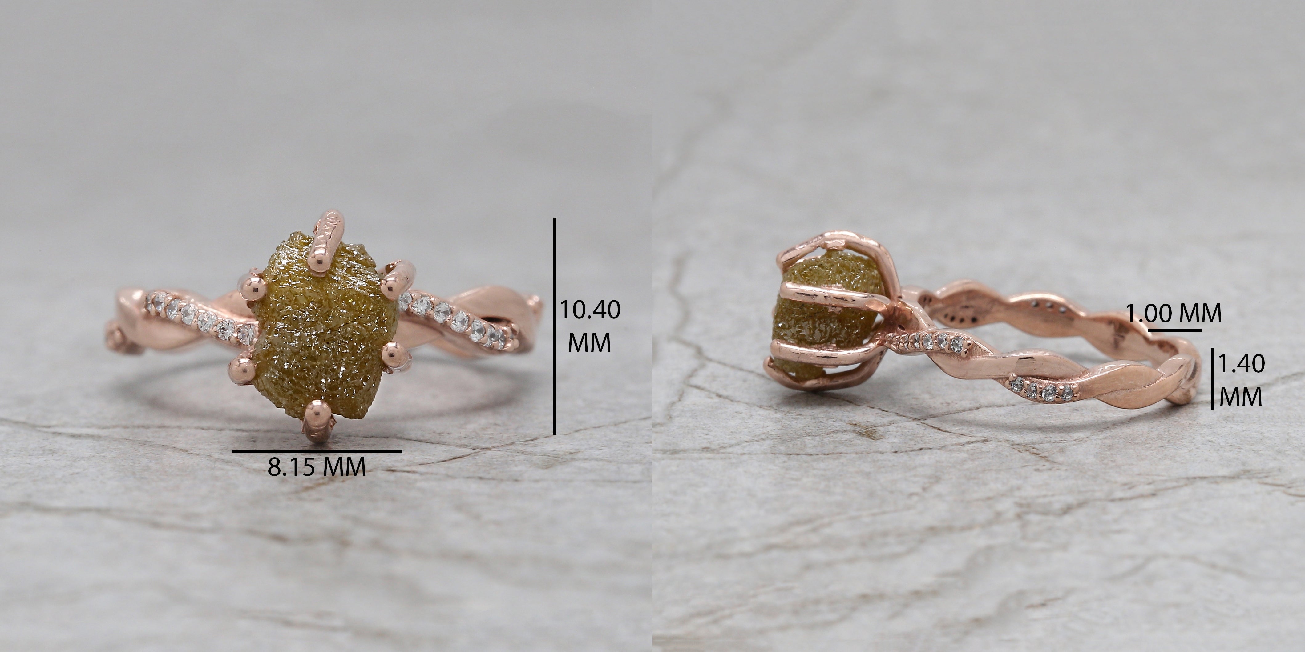 Rough Yellow Color Diamond Ring 3.34 Ct 8.50 MM Crystal Rough Diamond Ring 14K Solid Rose Gold Silver Engagement Ring Gift For Her QK1038