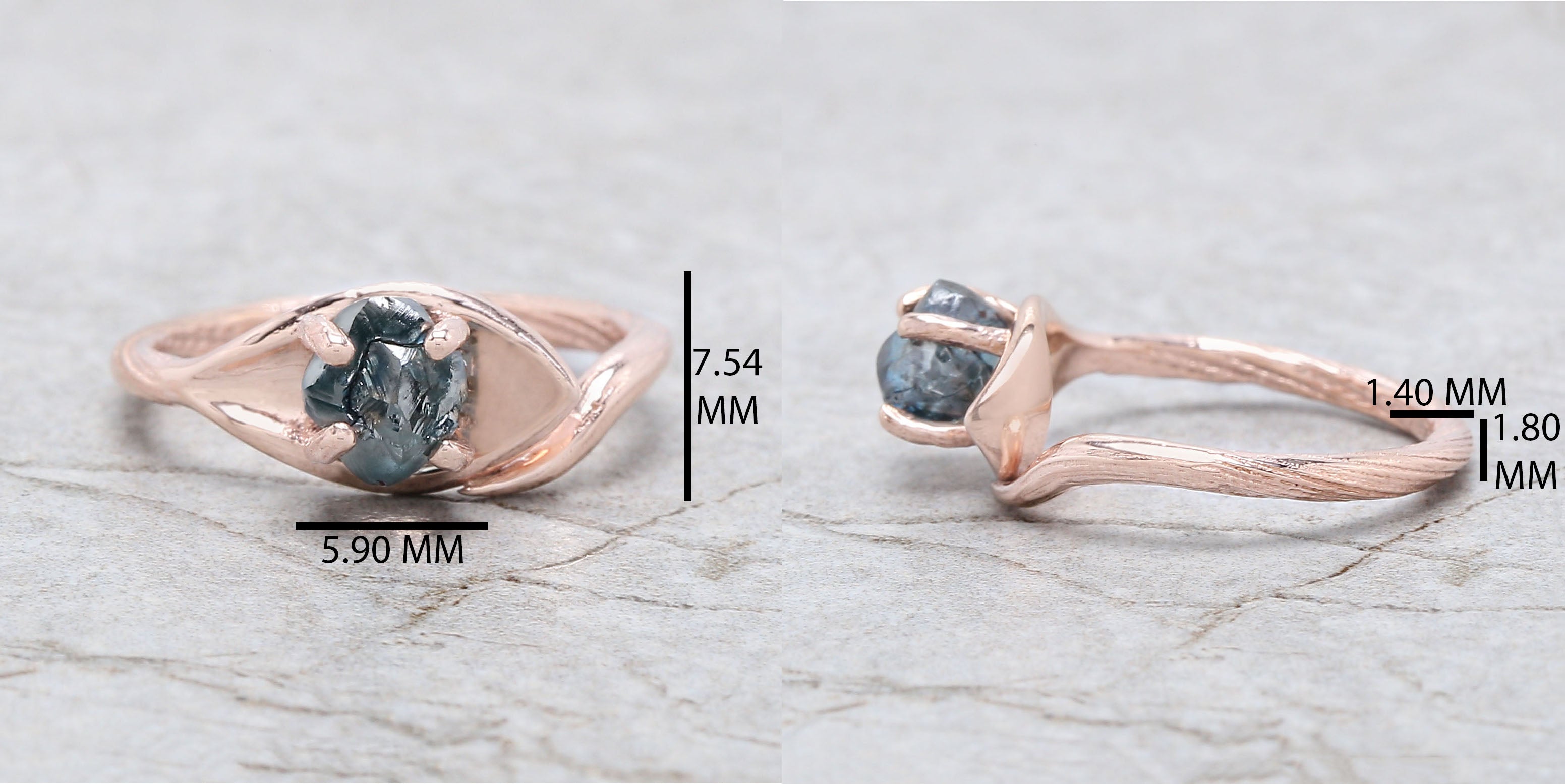 Rough Blue Color Diamond Ring 1.30 Ct 6.12 MM Crystal Rough Diamond Ring 14K Solid Rose Gold Silver Engagement Ring Gift For Her QL2277