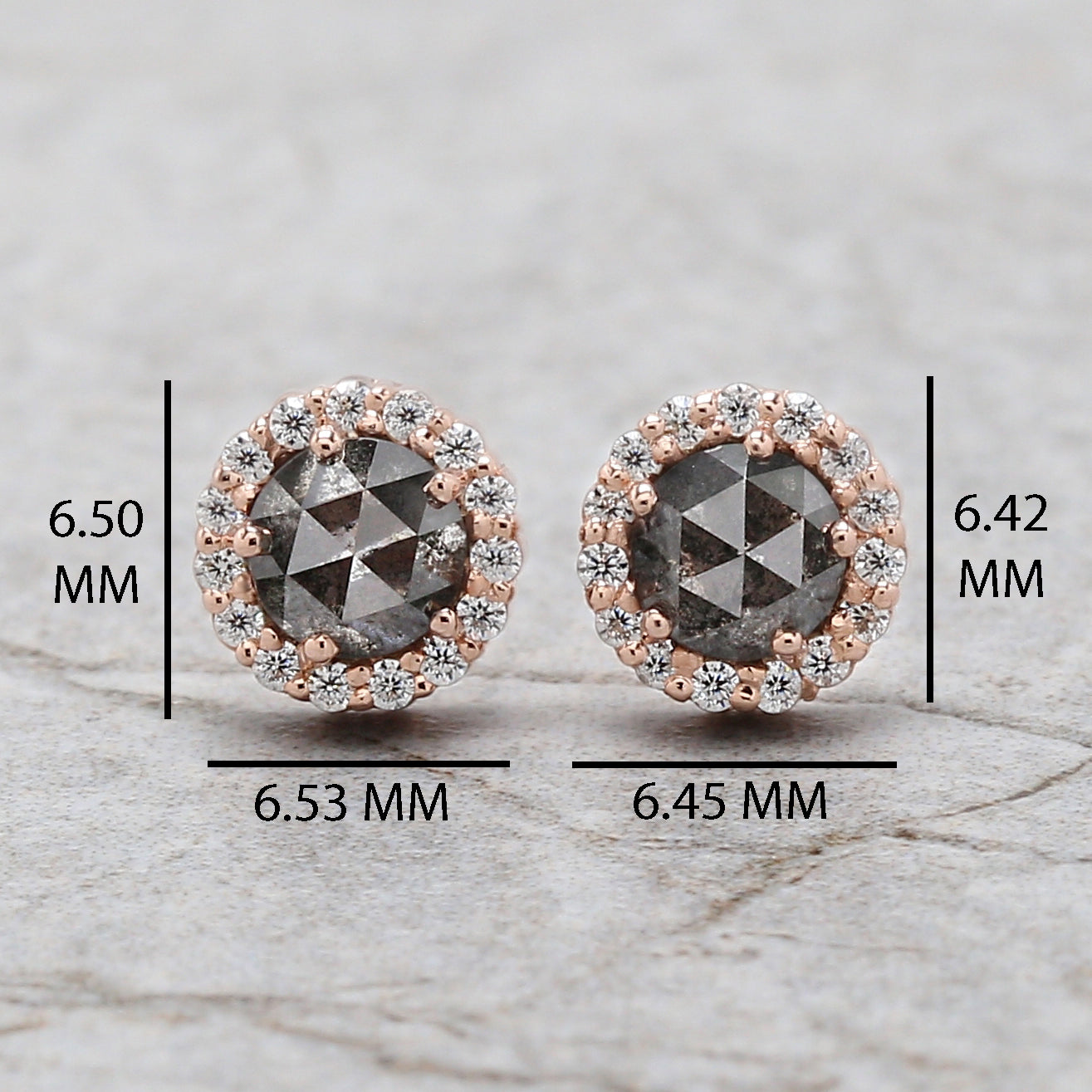 Round Rose Cut Salt And Pepper Diamond Earring 0.78 Ct 4.30 MM Round Diamond Earring 14K Solid Rose Gold Silver Engagement Earring QN1791