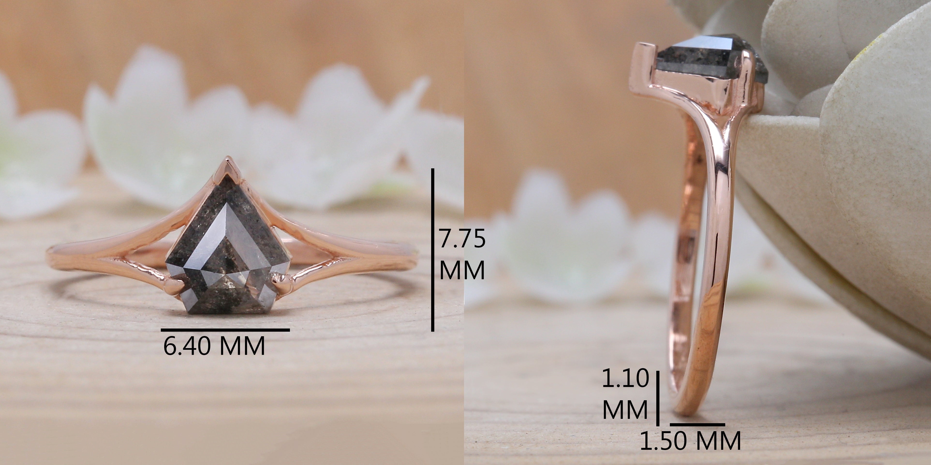 Shield Salt And Pepper Diamond Ring 0.88 Ct 7.20 MM Shield Shape Diamond Ring 14K Solid Rose Gold Silver Engagement Ring Gift For Her QN9205