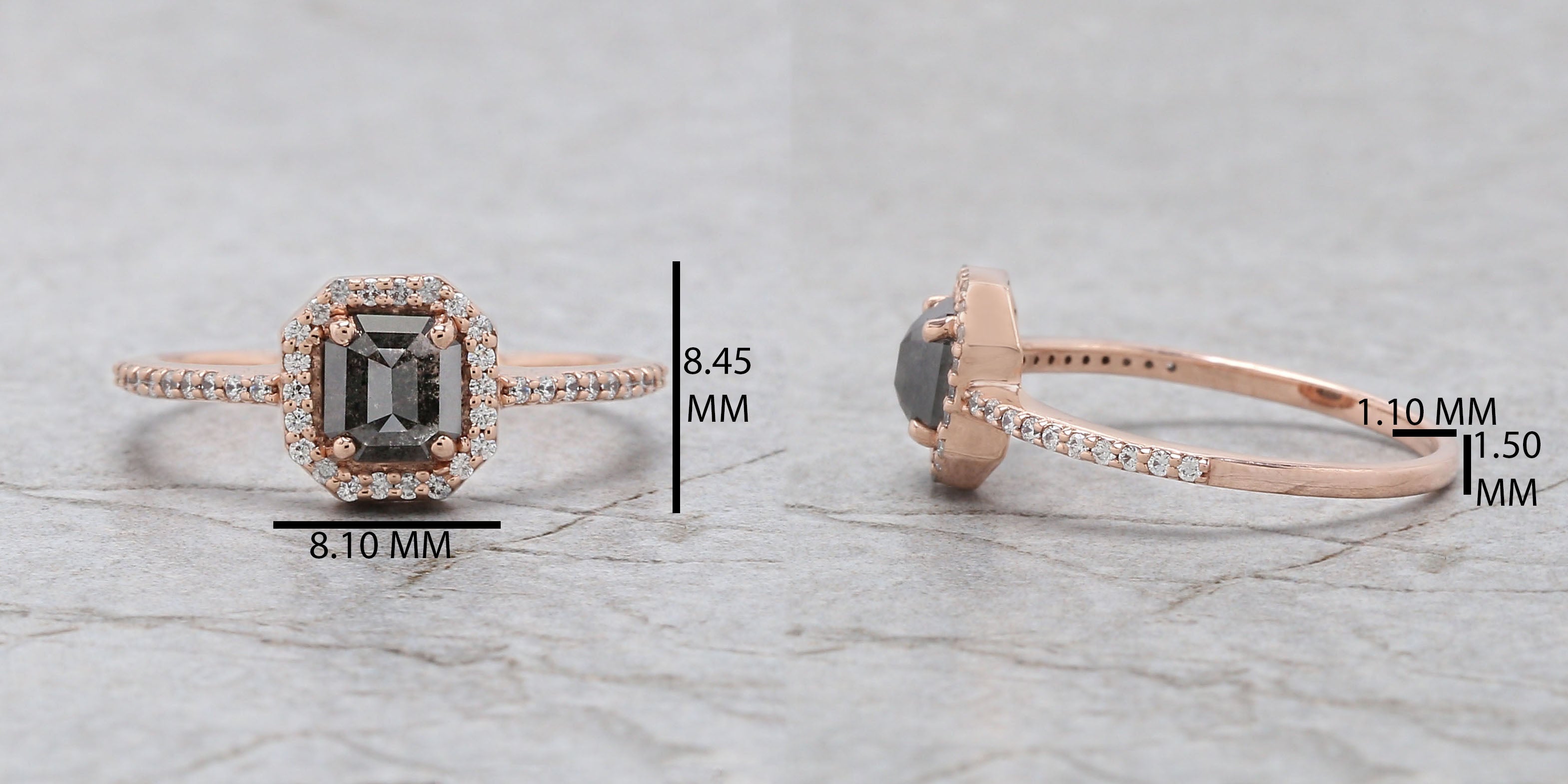 Emerald Cut Salt And Pepper Diamond Ring 0.69 Ct 5.46 MM Emerald Diamond Ring 14K Solid Rose Gold Silver Engagement Ring Gift For Her QL3129