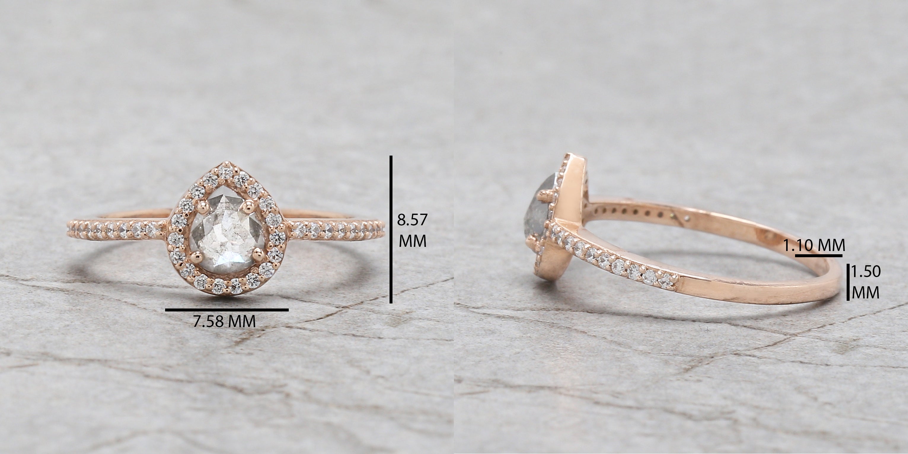 Pear Cut Salt And Pepper Diamond Ring 0.47 Ct 5.65 MM Pear Shape Diamond Ring 14K Solid Rose Gold Silver Engagement Ring Gift For Her QL3135